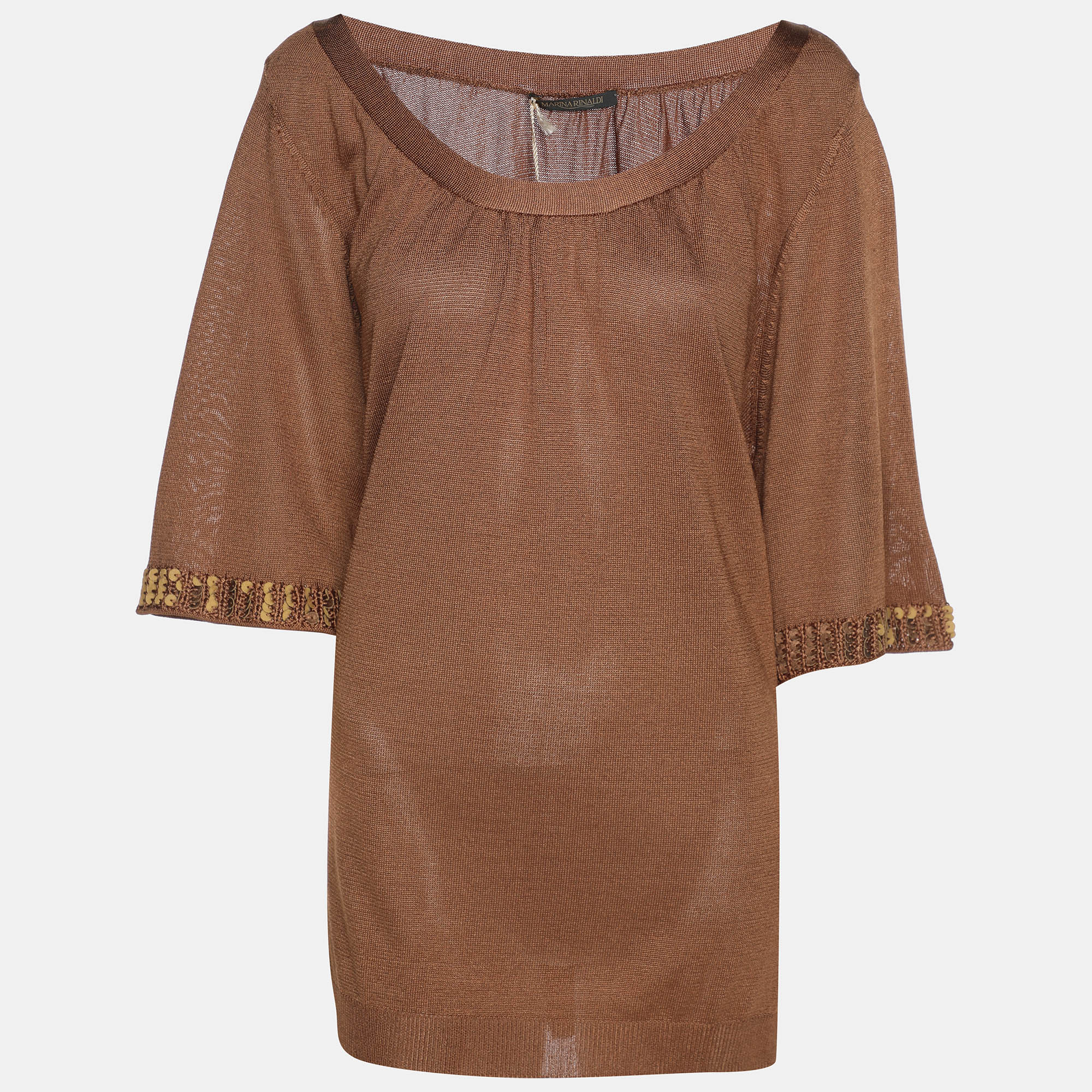 Marina Rinaldi Brown Stretch Knit 3/4 Sleeve Sweater XL