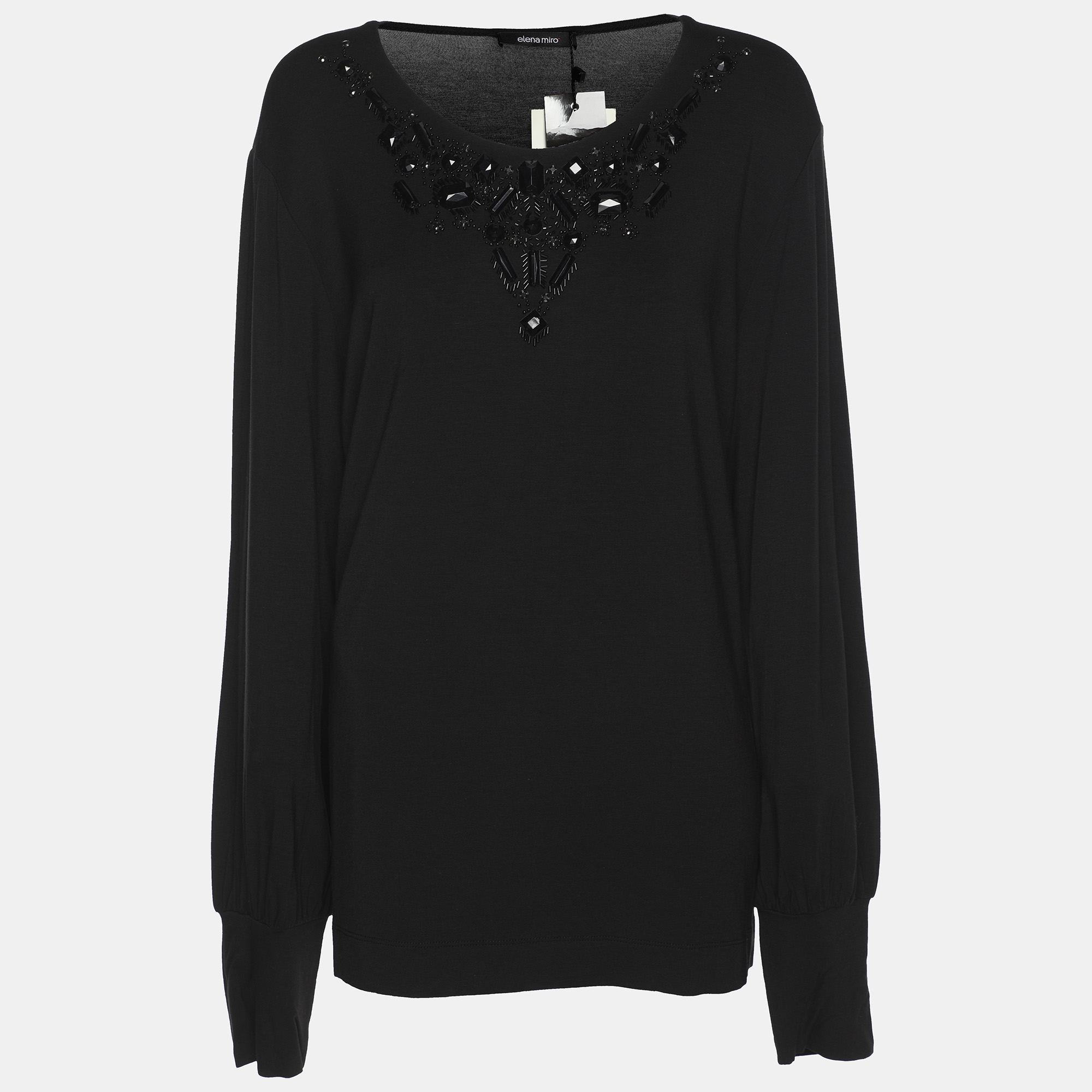 Elena Miro Black Jersey Embellished Long Sleeve Sweater L