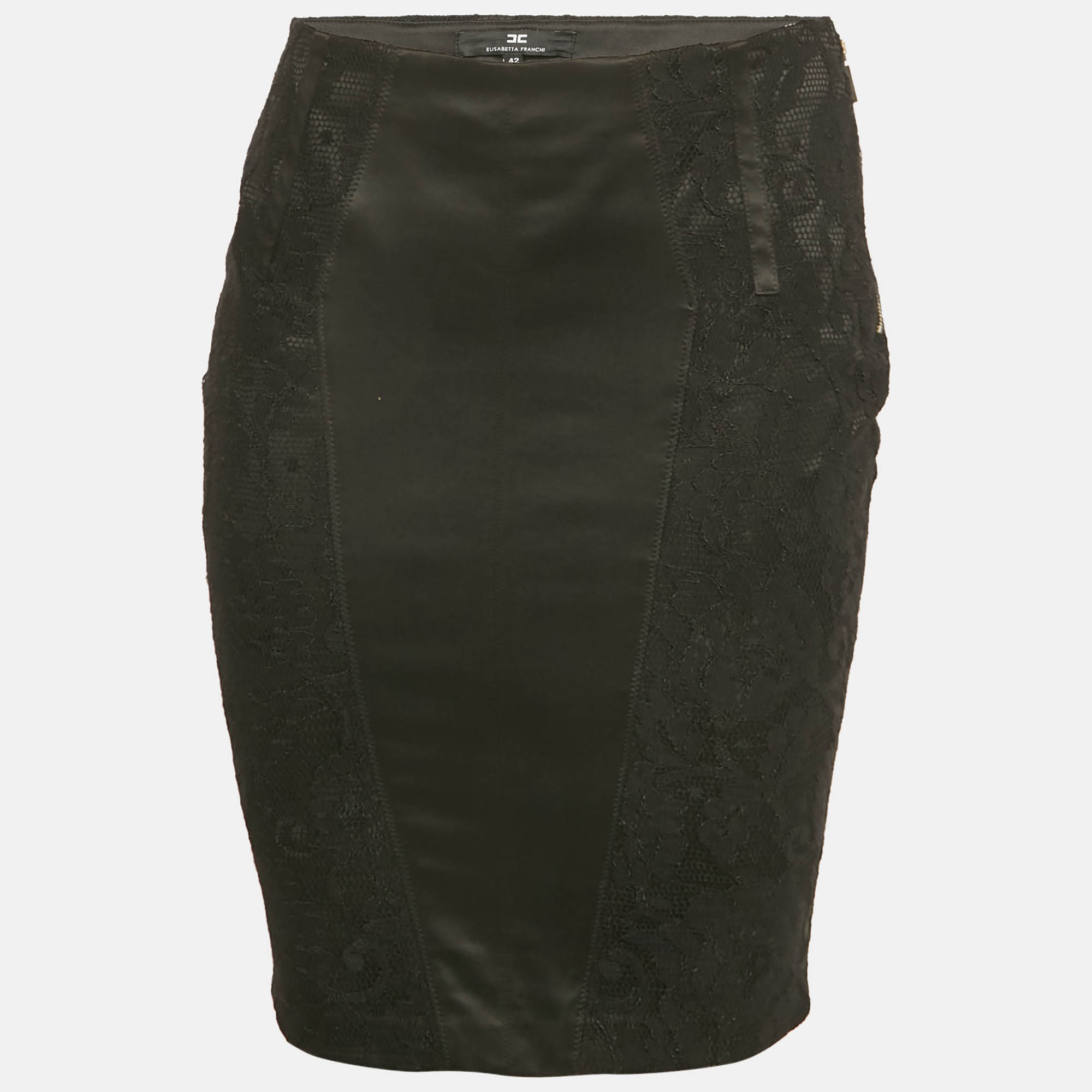 Elisabetta Franchi Black Satin Panel Lace Pencil Skirt M