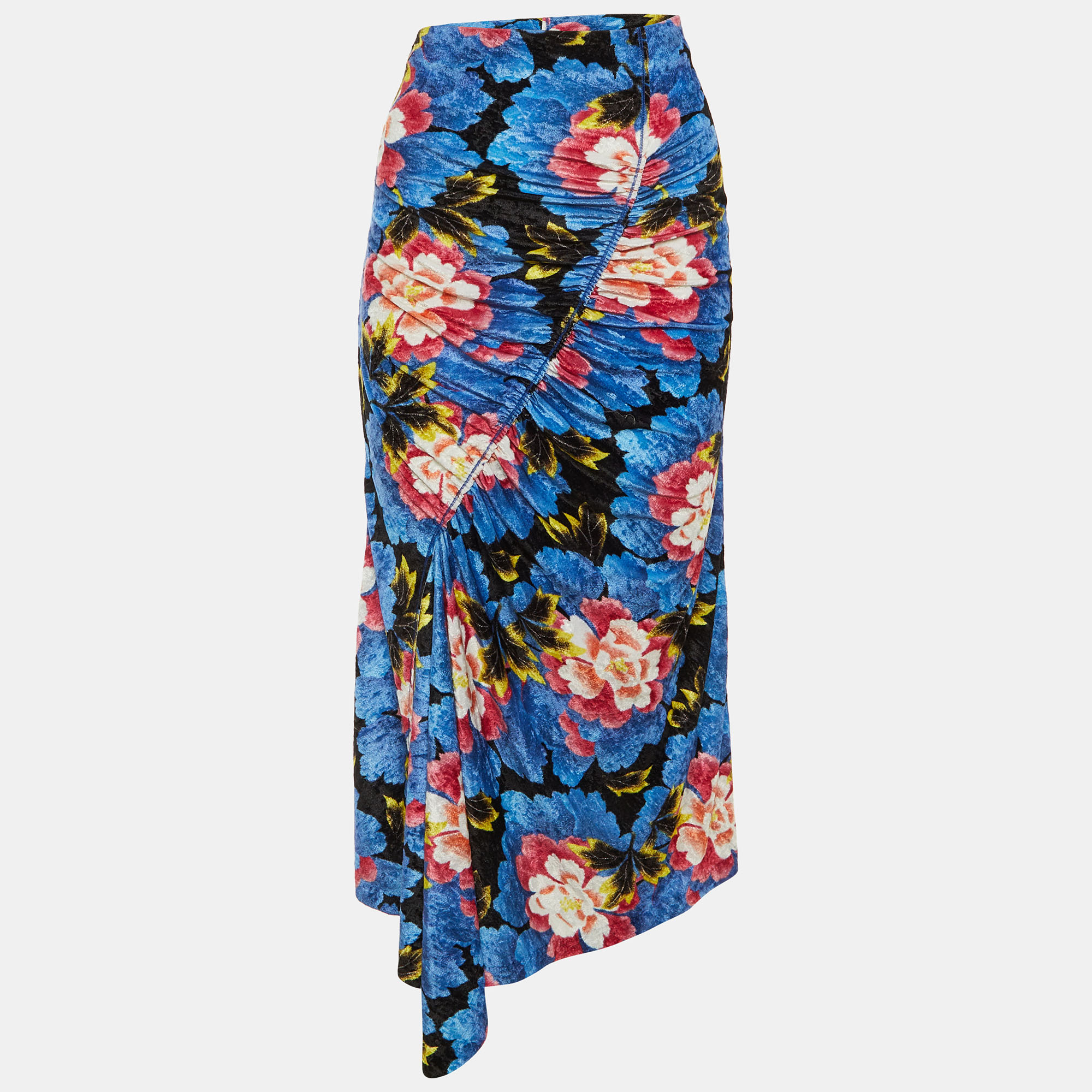 Kenzo Blue Floral Printed Velvet Ruched Midi Skirt M