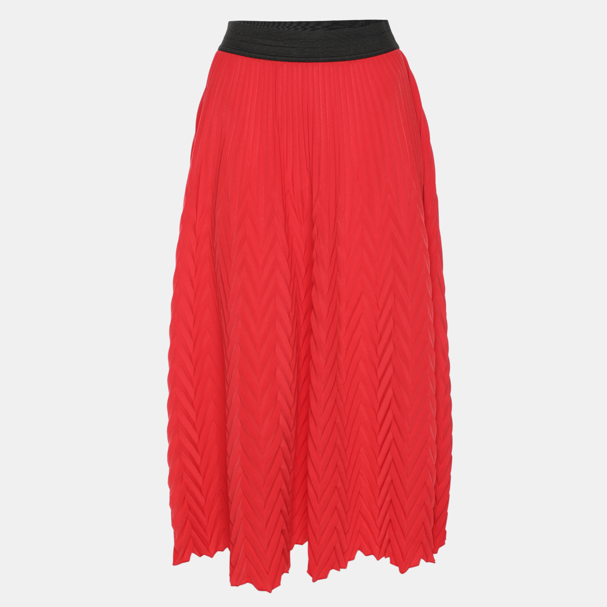 Maje Red Pleated Accents Crepe Midi Skirt S