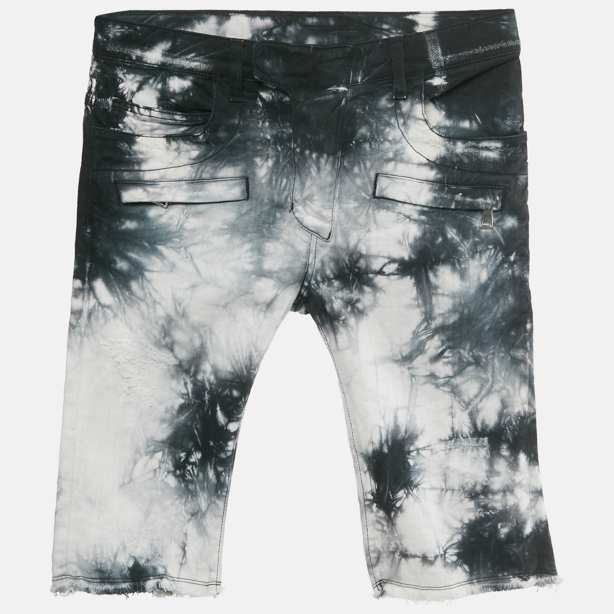 Balmain Black/ White Tie-Dye Frayed Hem Distressed Denim Shorts XS Waist 29"