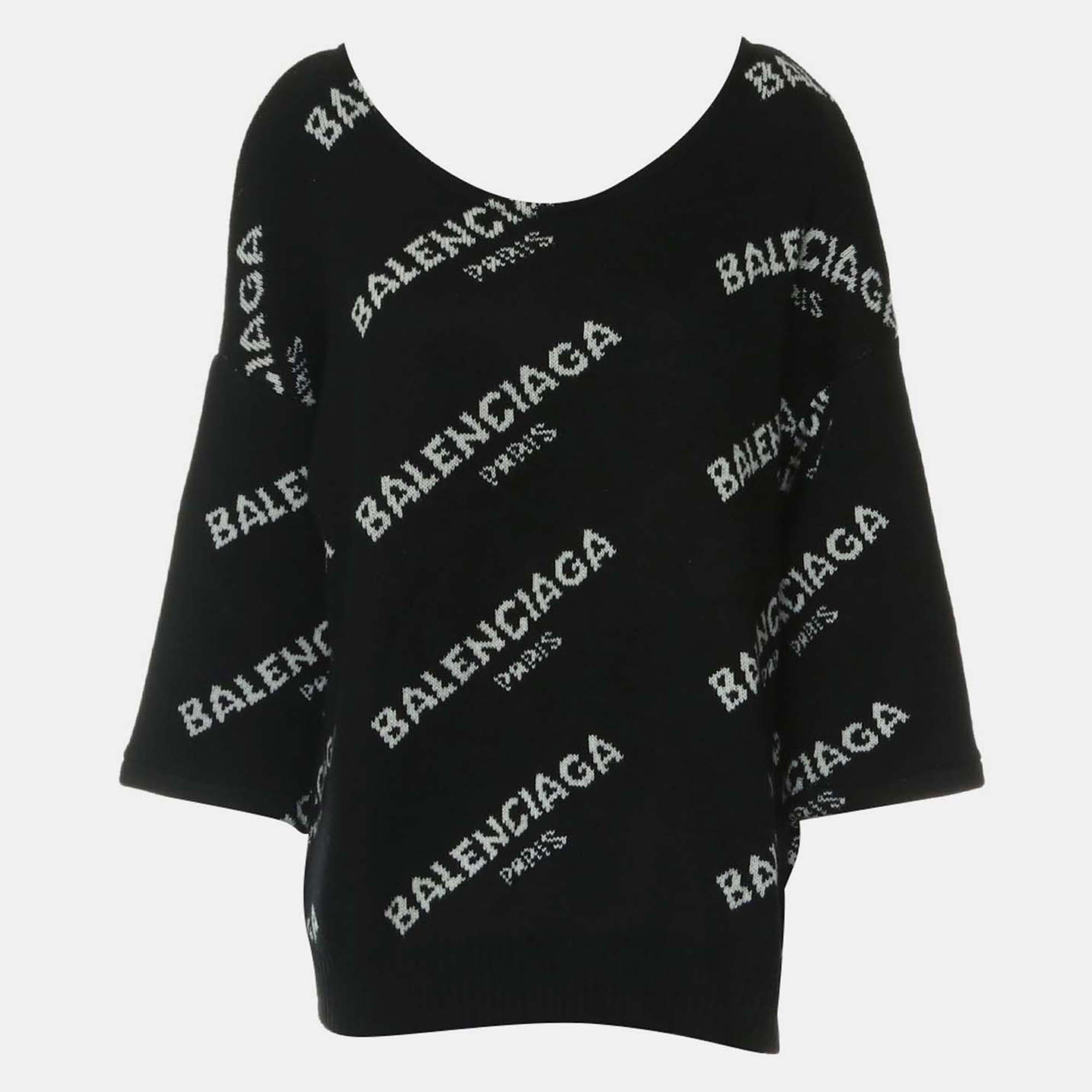 Balenciaga Allover Logo L Black Cotton Blend Knit Sweater