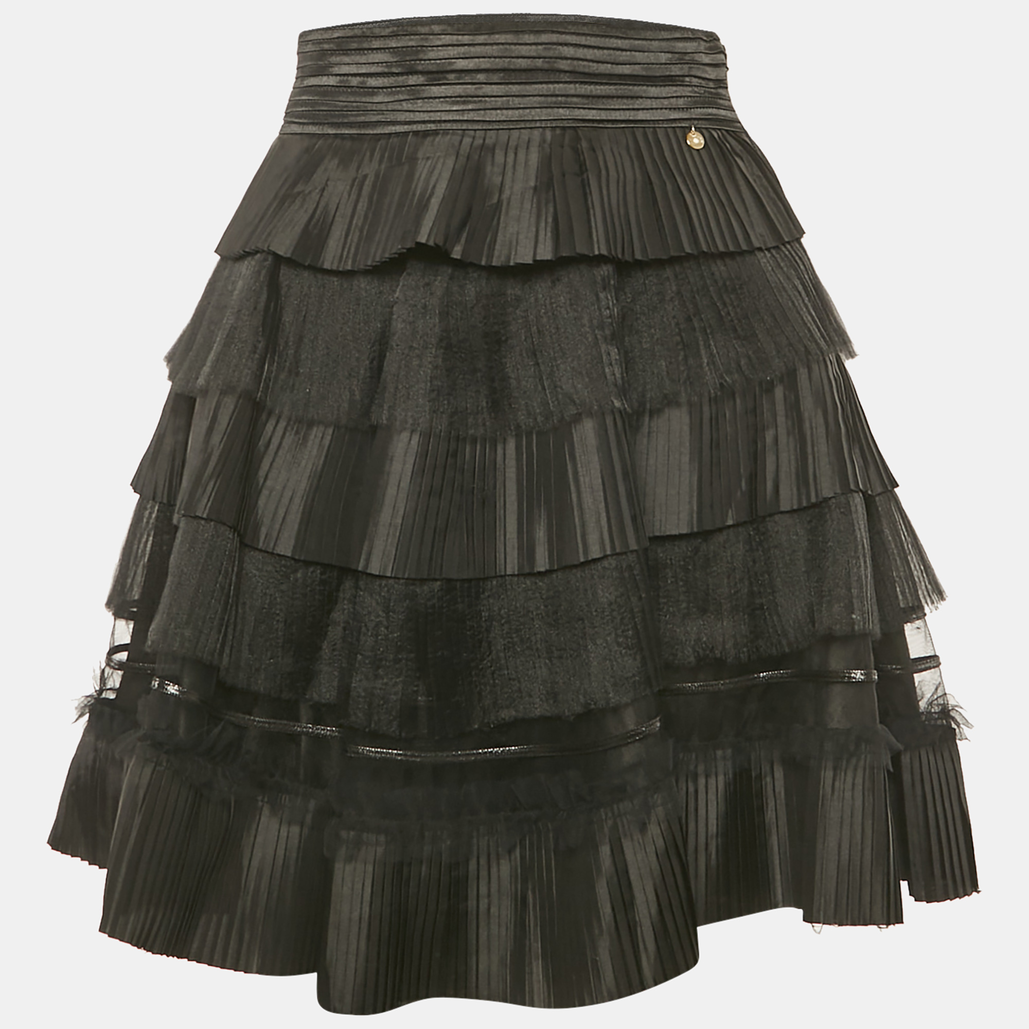 Elisabetta Franchi Black Tulle and Crepe Frill Tiered Mini Skirt M