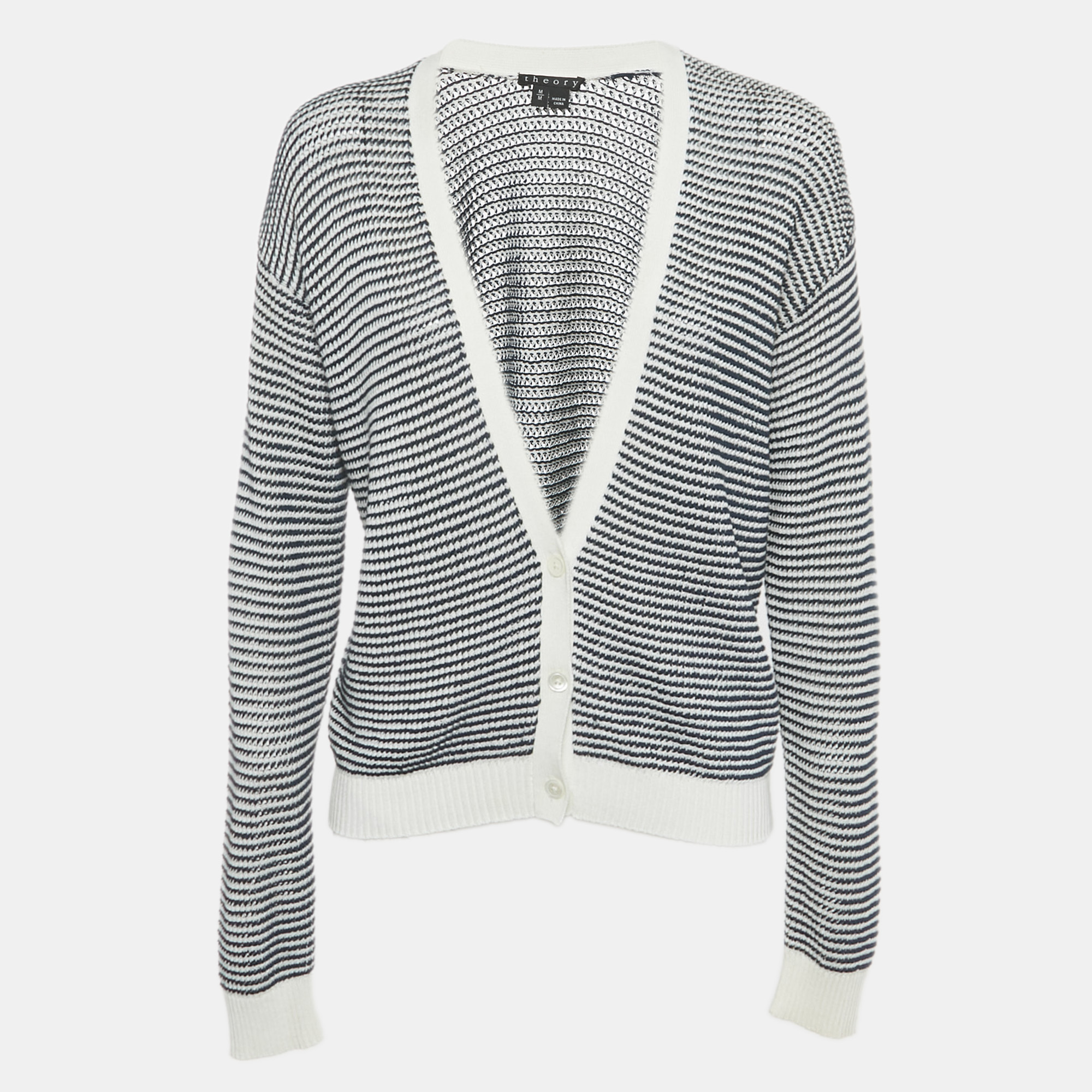 Theory Navy Blue/White Striped Knit Cardigan M