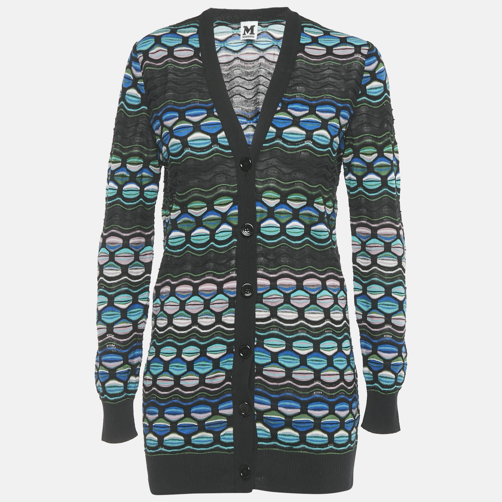 M Missoni Black/Blue Patterned Knit Button Front Cardigan M