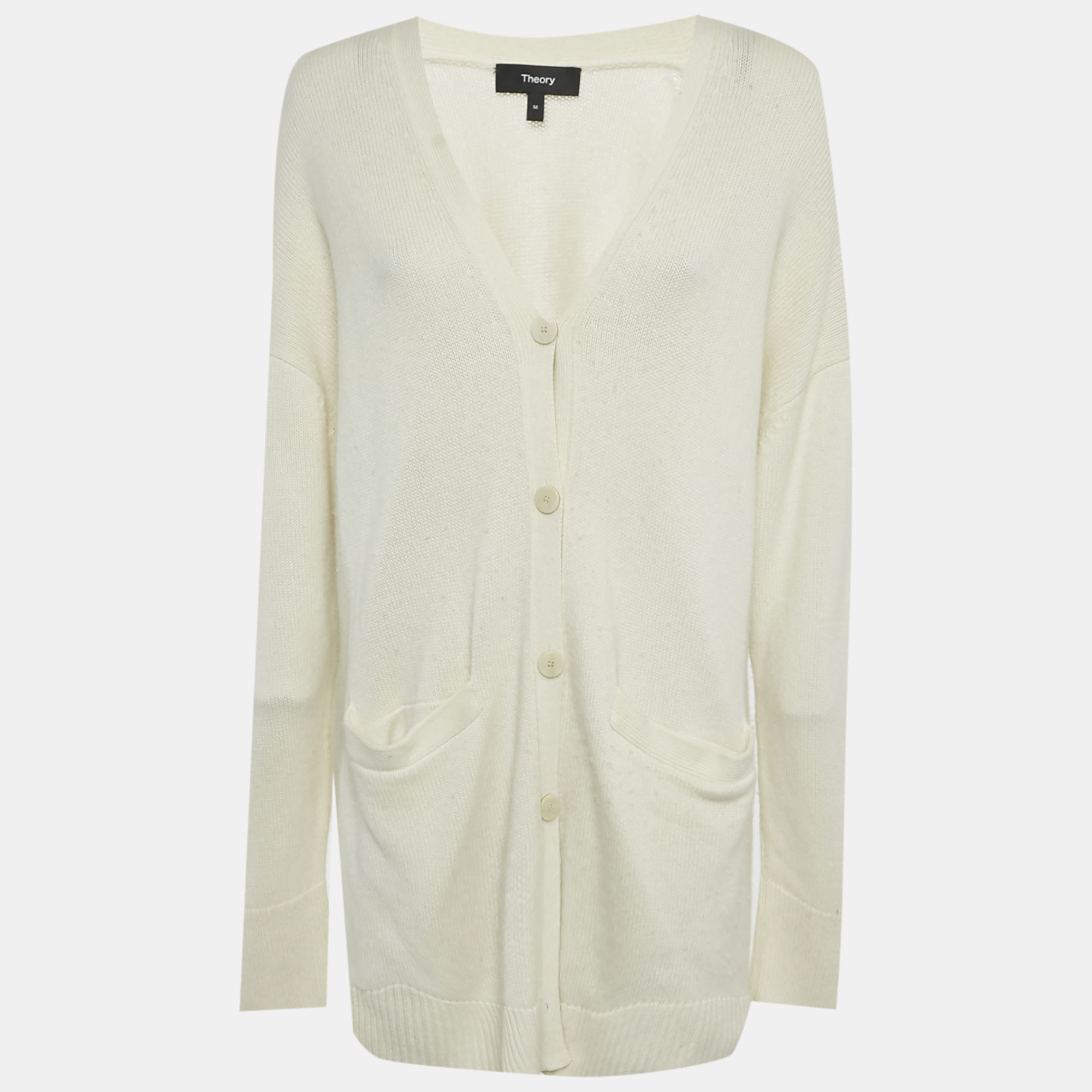 Theory Ivory Wool Knit Leather Patch Cardigan M