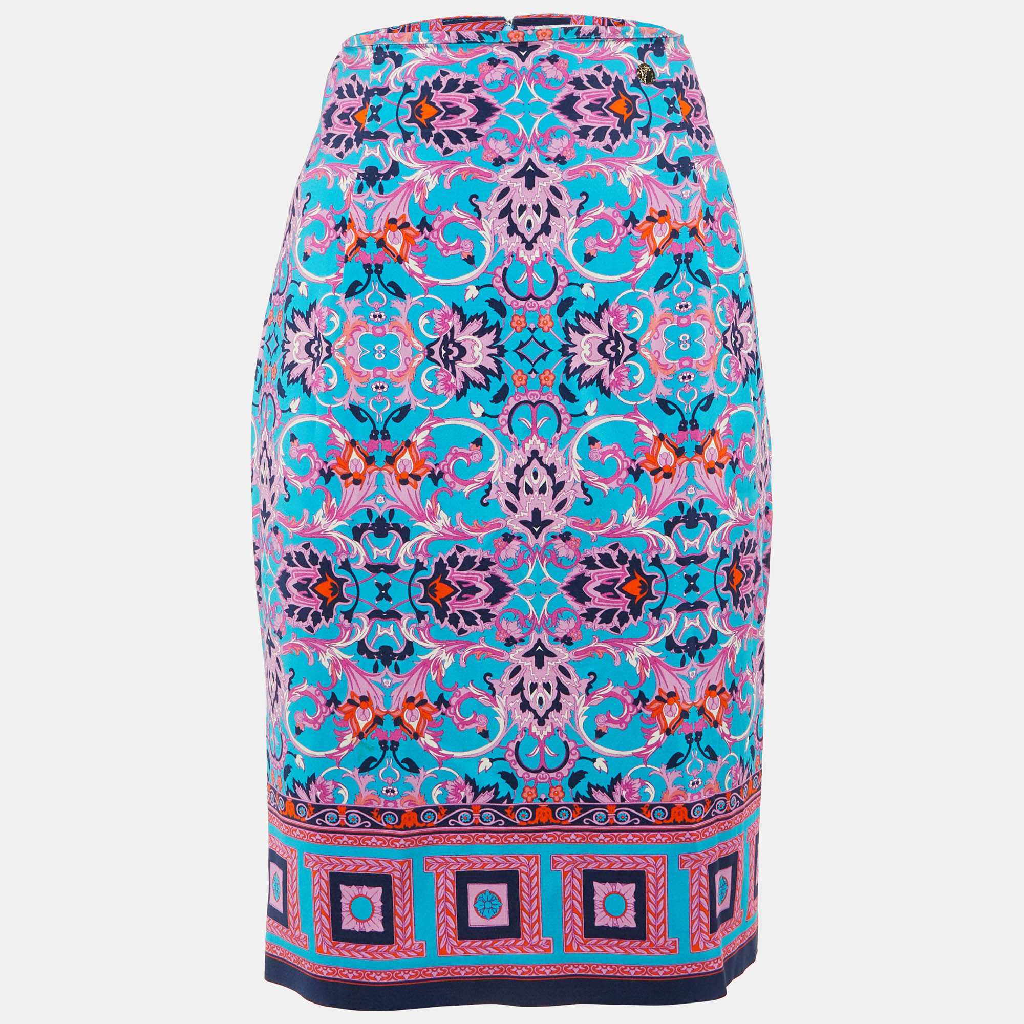 Versace Collection Blue Printed Crepe Midi Skirt M