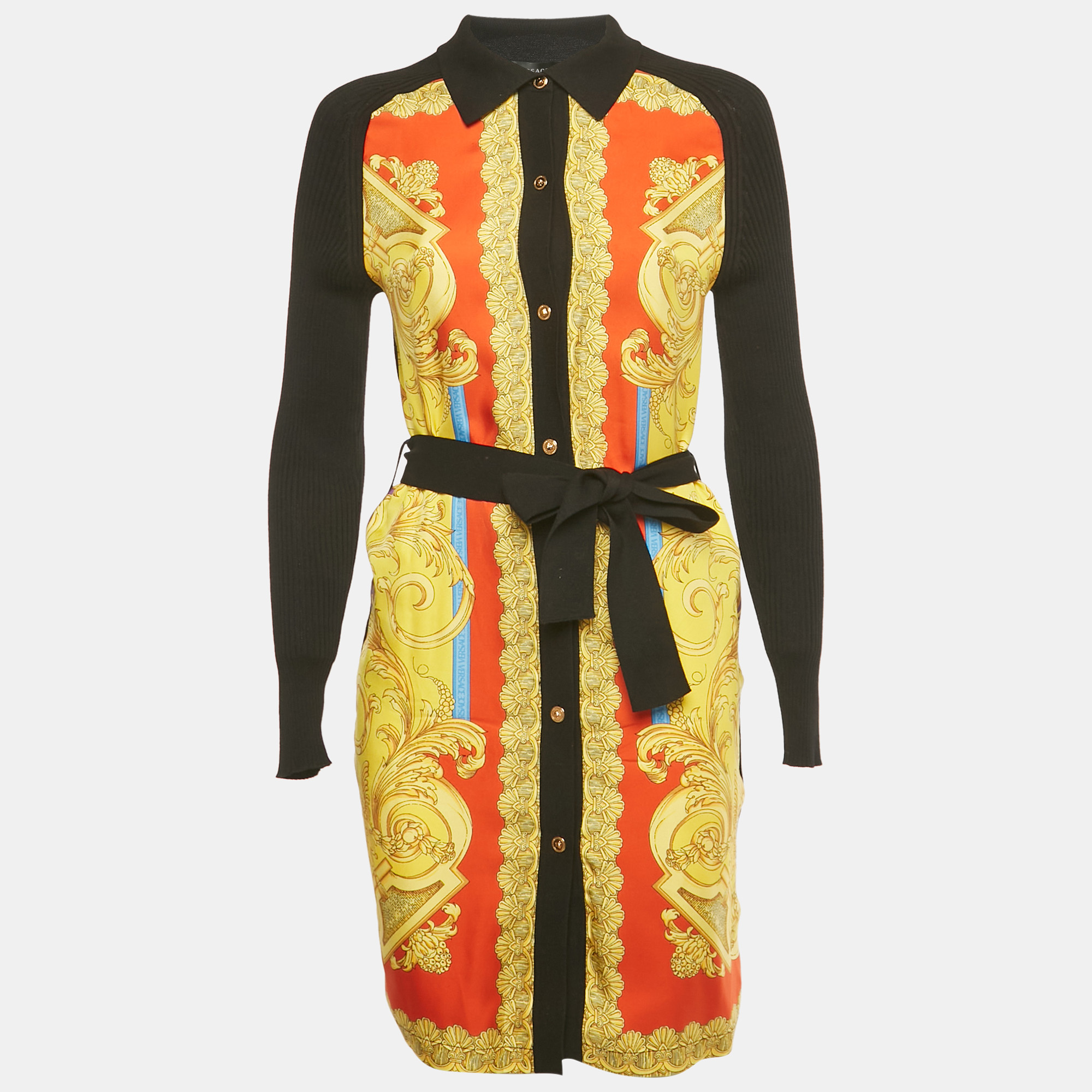 Versace Black/Yellow Barocco Print Silk and Rib Knit Cardigan XS