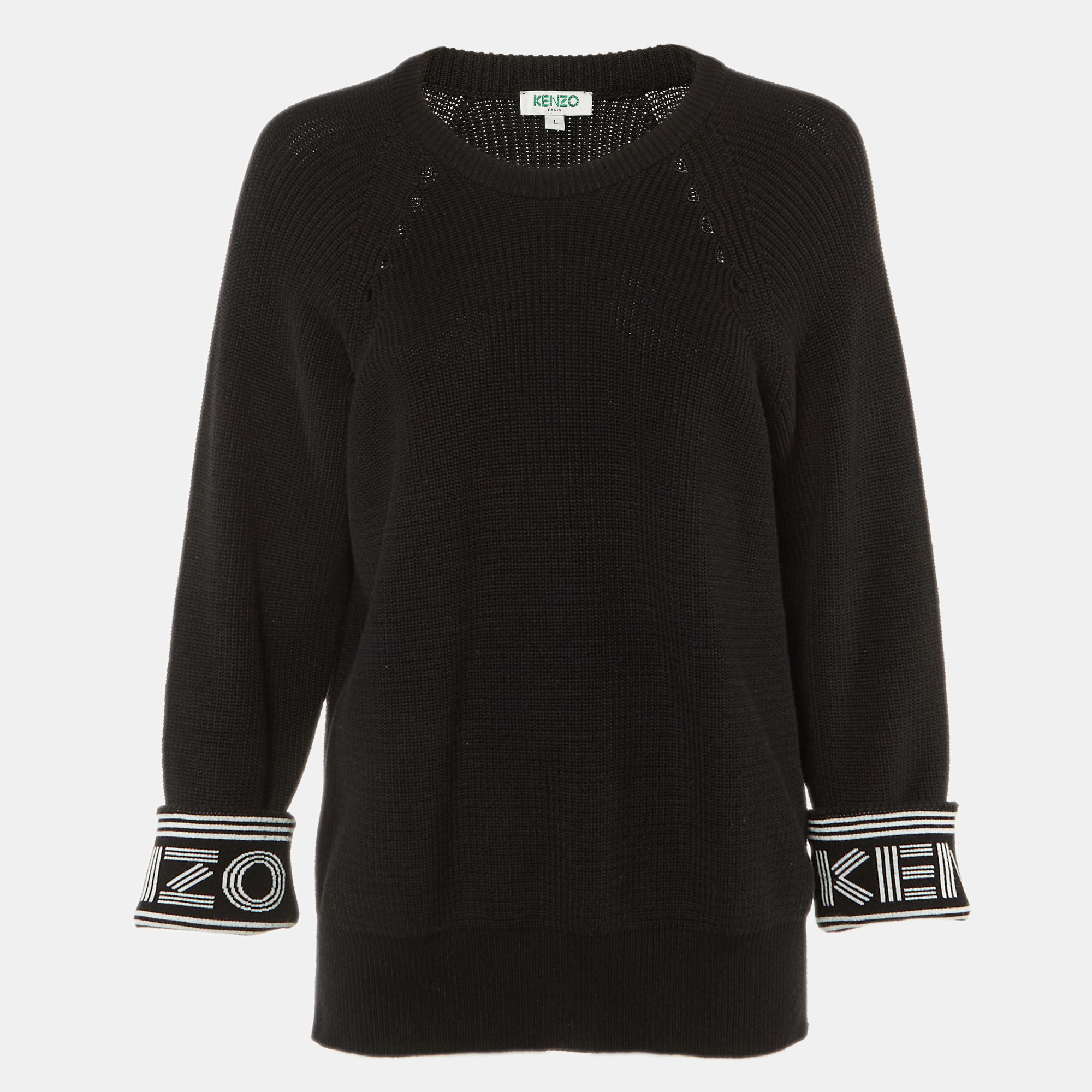 Kenzo Black Logo Intarsia Cotton & Wool Knit Crew Neck Sweater L