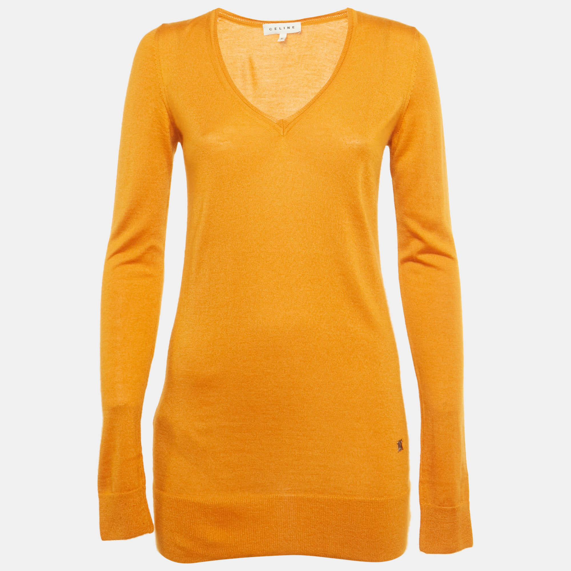 Celine Orange Cashmere Knit V-Neck Sweater M