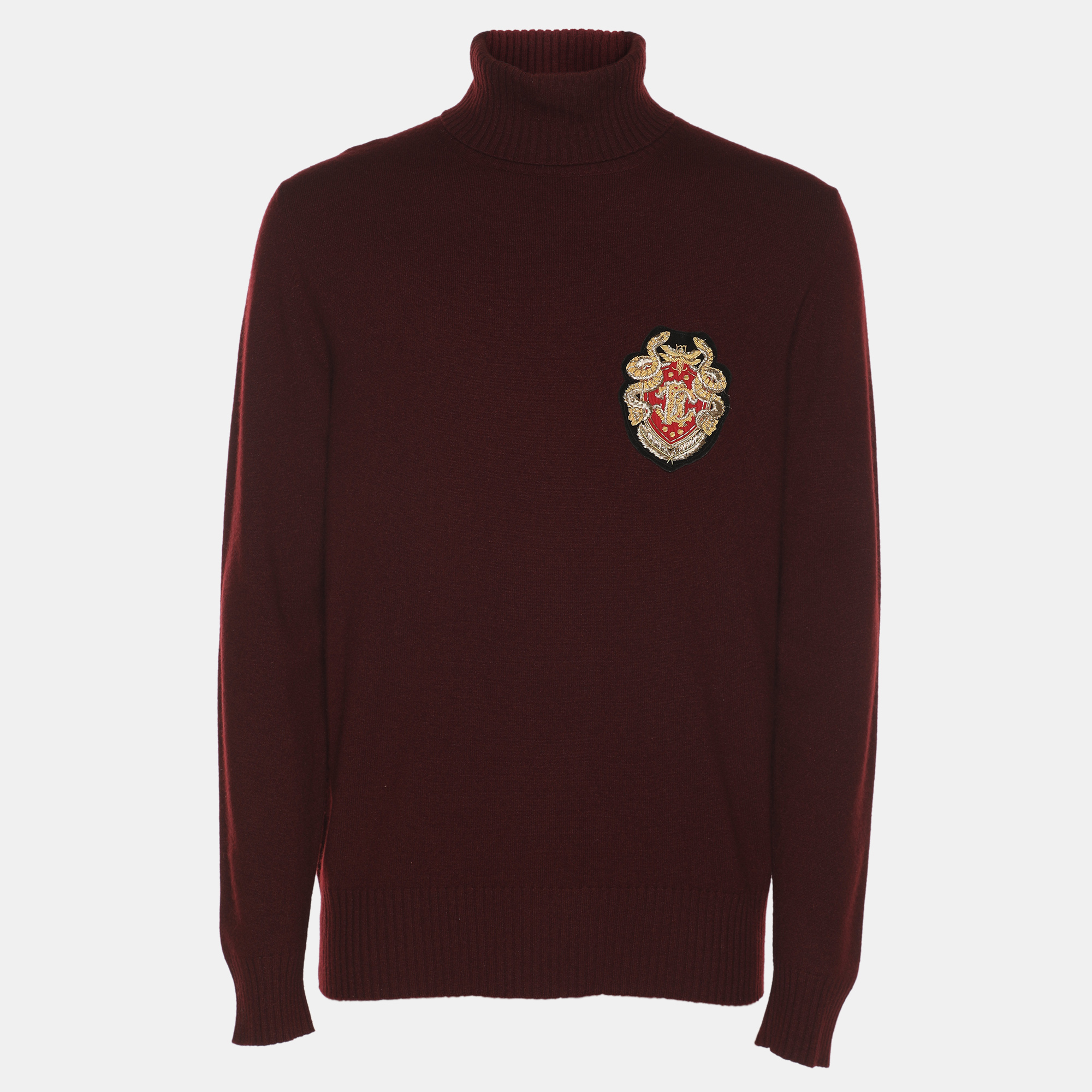 Roberto Cavalli Burgundy Wool Blend Logo Patch Turtle Neck Sweater M