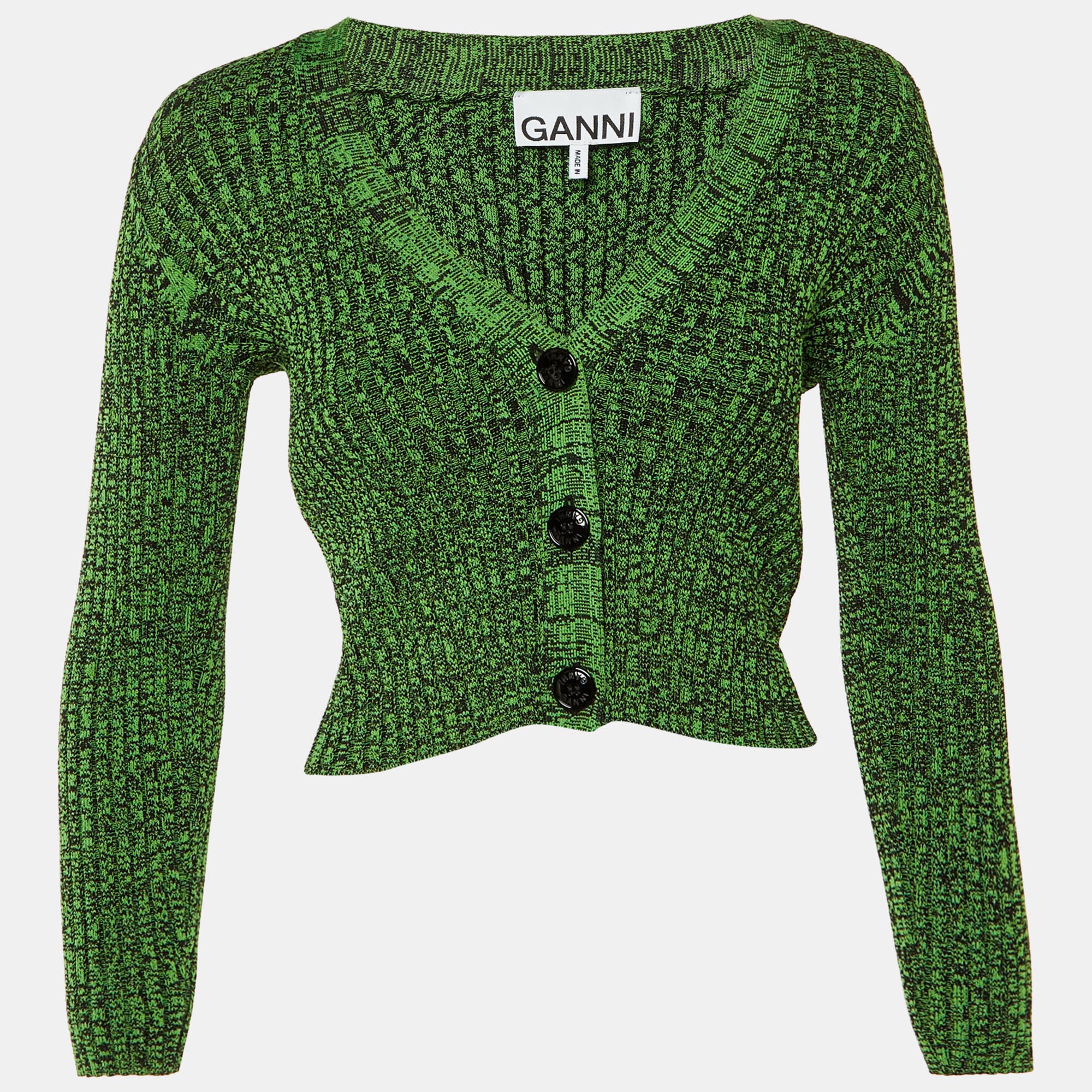 Ganni Green Rib Knit Button Front Cardigan XS