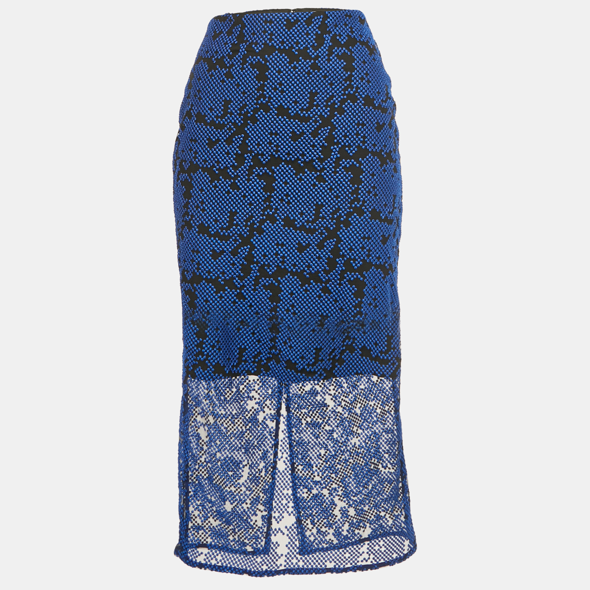 Diane Von Furstenberg Black /Blue Embroidered Mesh Overlay Tailored Pencil Skirt XS