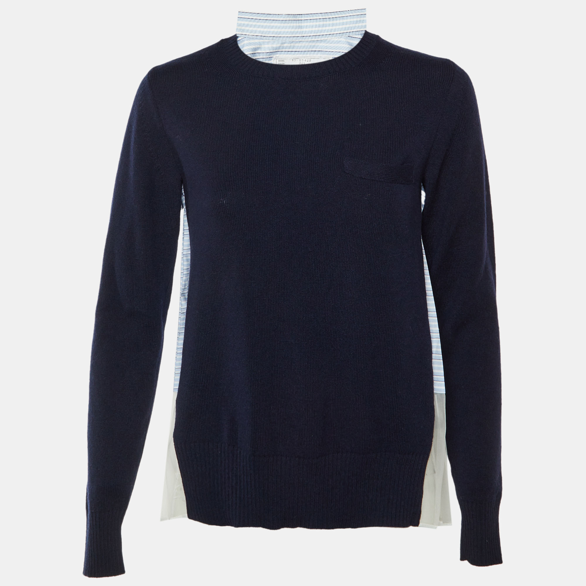 Sacai Navy Blue Striped Mesh Detail Wool Sweater S