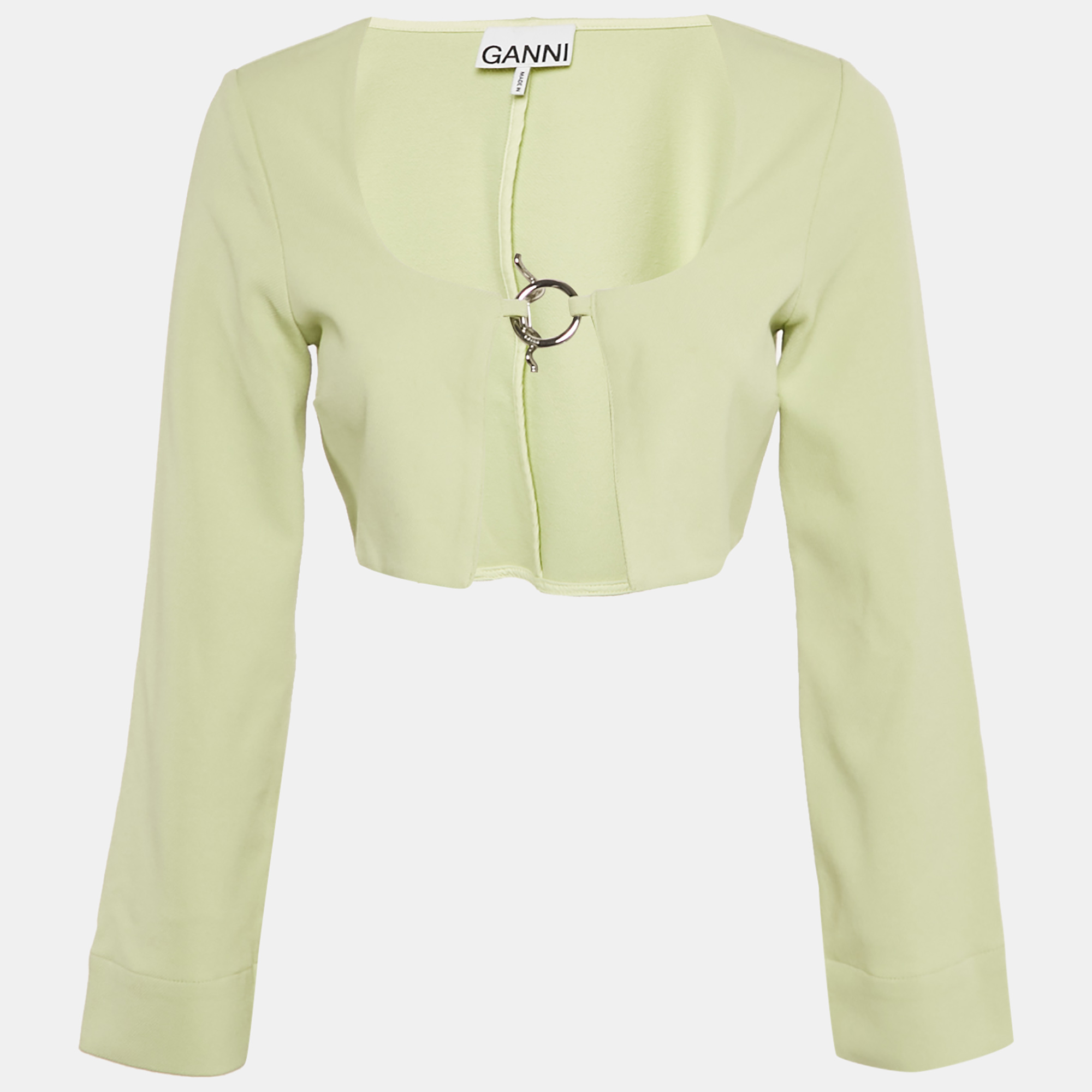 Ganni Mint Green Stretch Knit Crop Cardigan XS