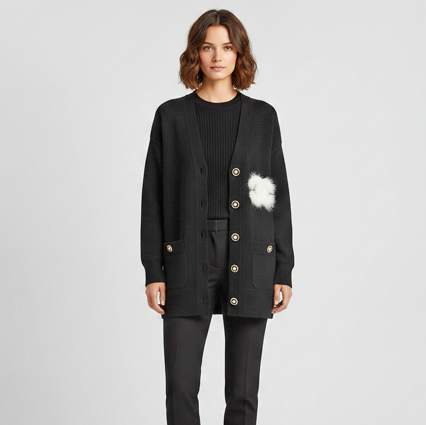 Chanel Black CC Feather Trim Cashmere Cardigan S