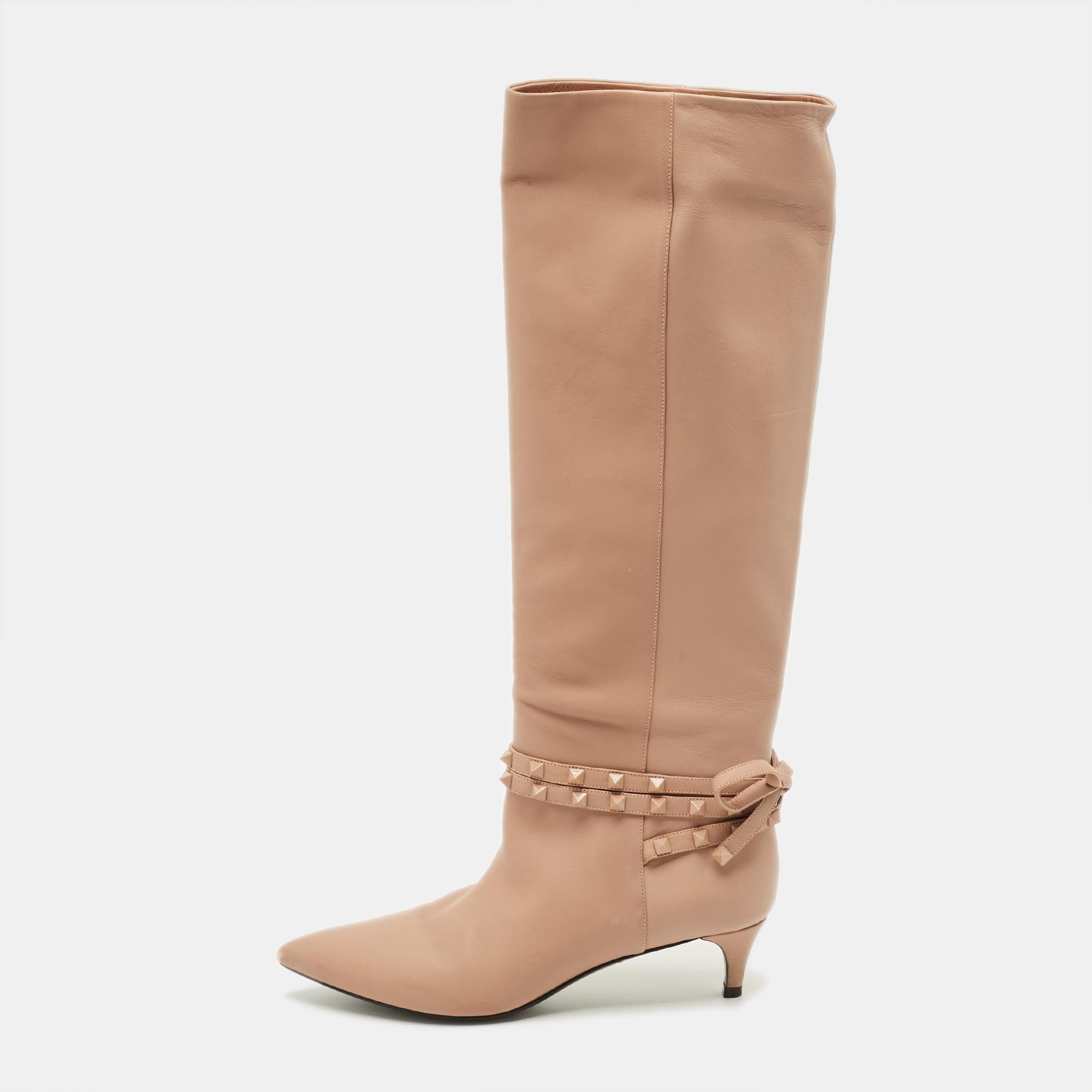 Valentino Rockstud Flair Size 38 Dusty Pink Leather Knee Length Boots