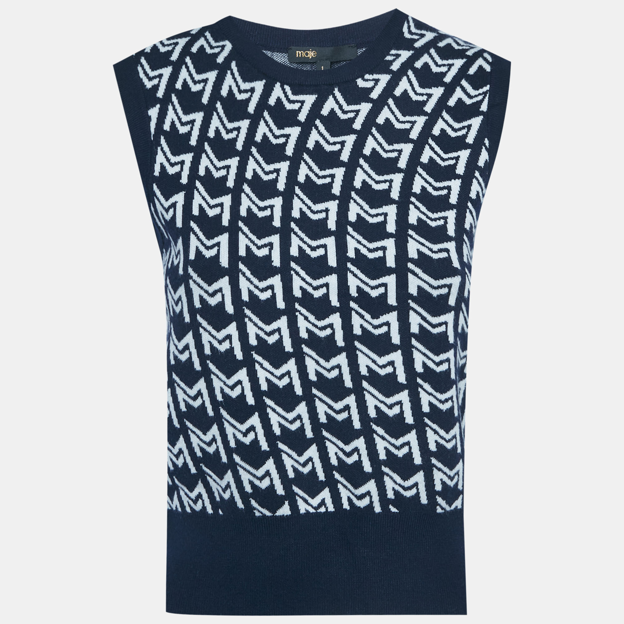 Maje Blue Monogram Jacquard Sleeveless Sweater S