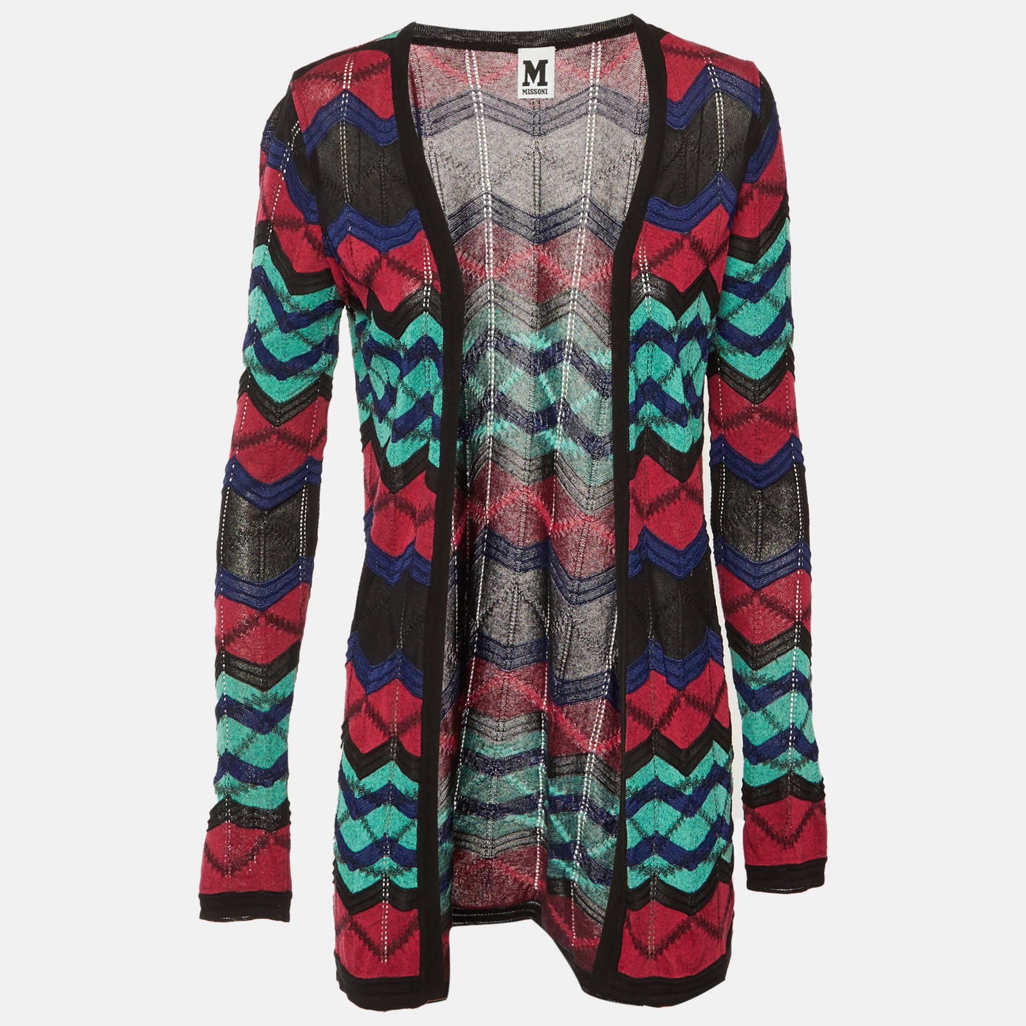 M Missoni Multicolor Chevron Knit Open Front Cardigan S