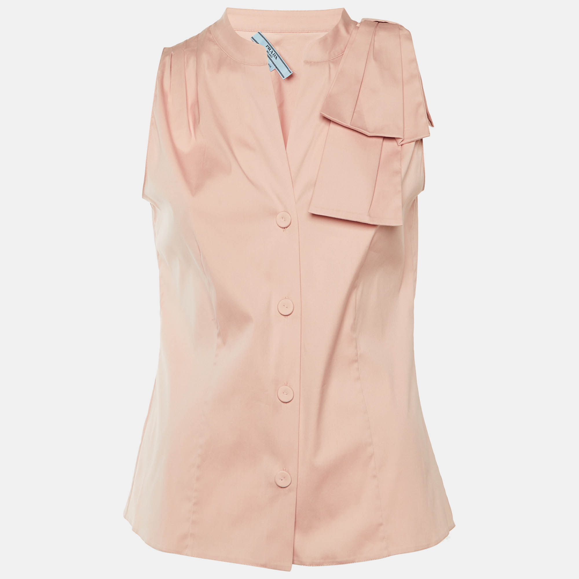 Prada Pink Cotton Bow Detail Sleeveless Blouse M