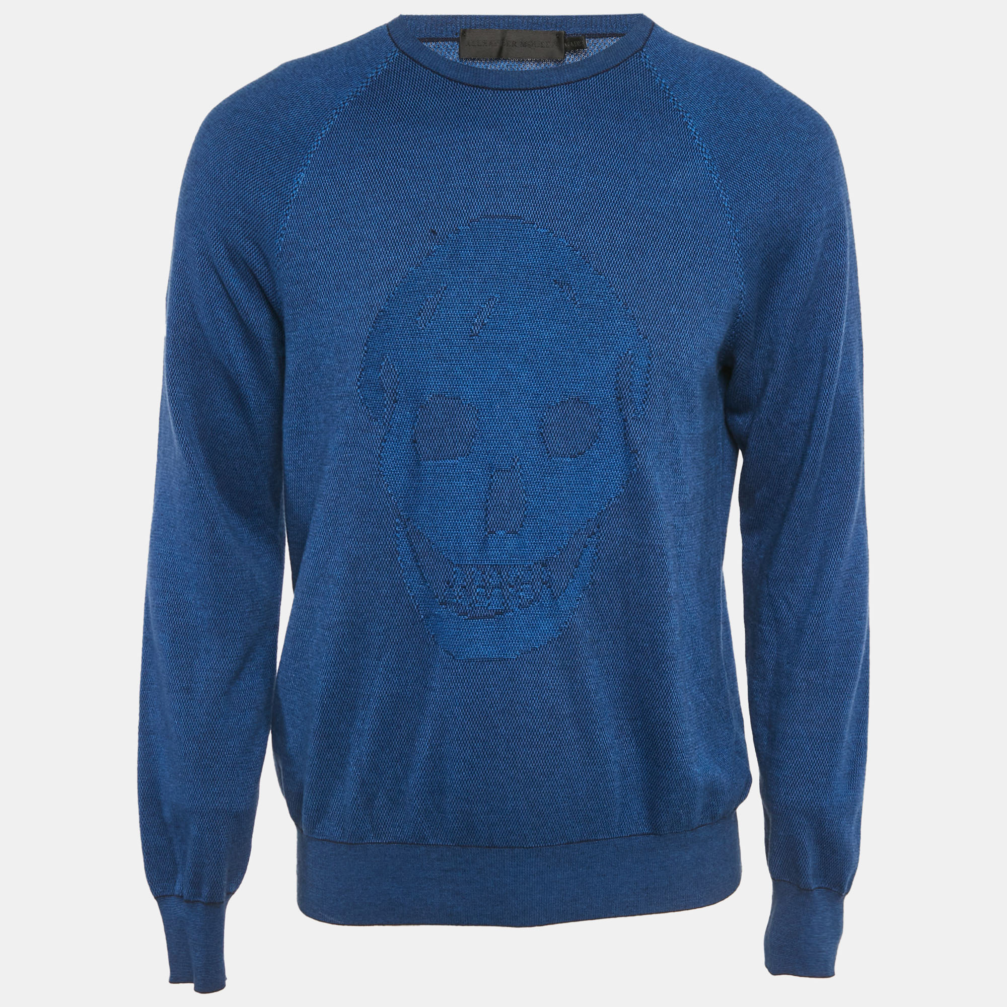 Alexander McQueen Blue 3D Skull Embossed Cotton Knit Sweater L