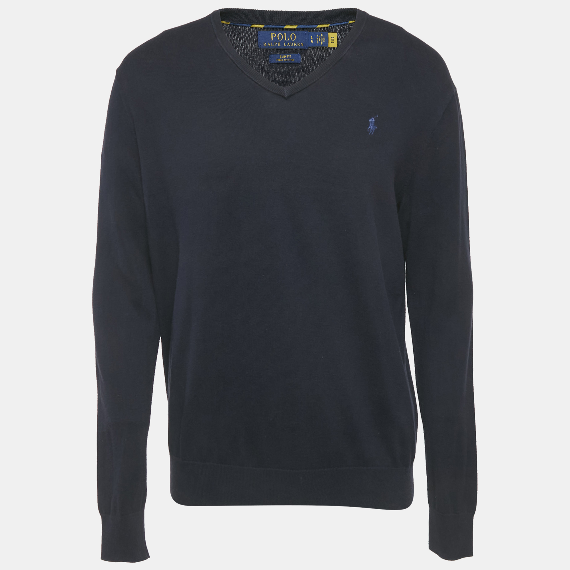 Polo Ralph Lauren Navy Blue Cotton Knit V-Neck Sweater L
