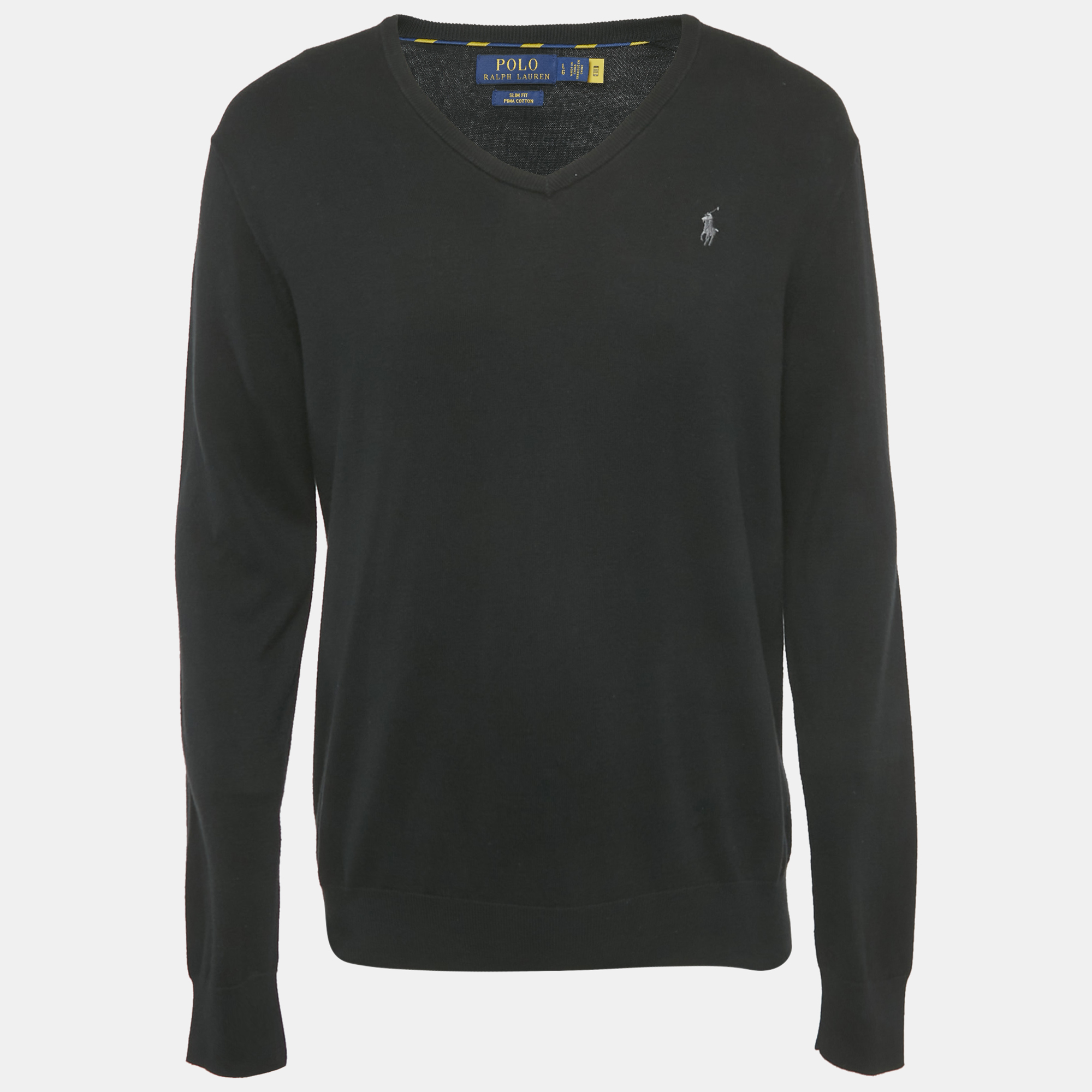 Polo Ralph Lauren Black Logo Embroidered Cotton V-Neck Sweater L