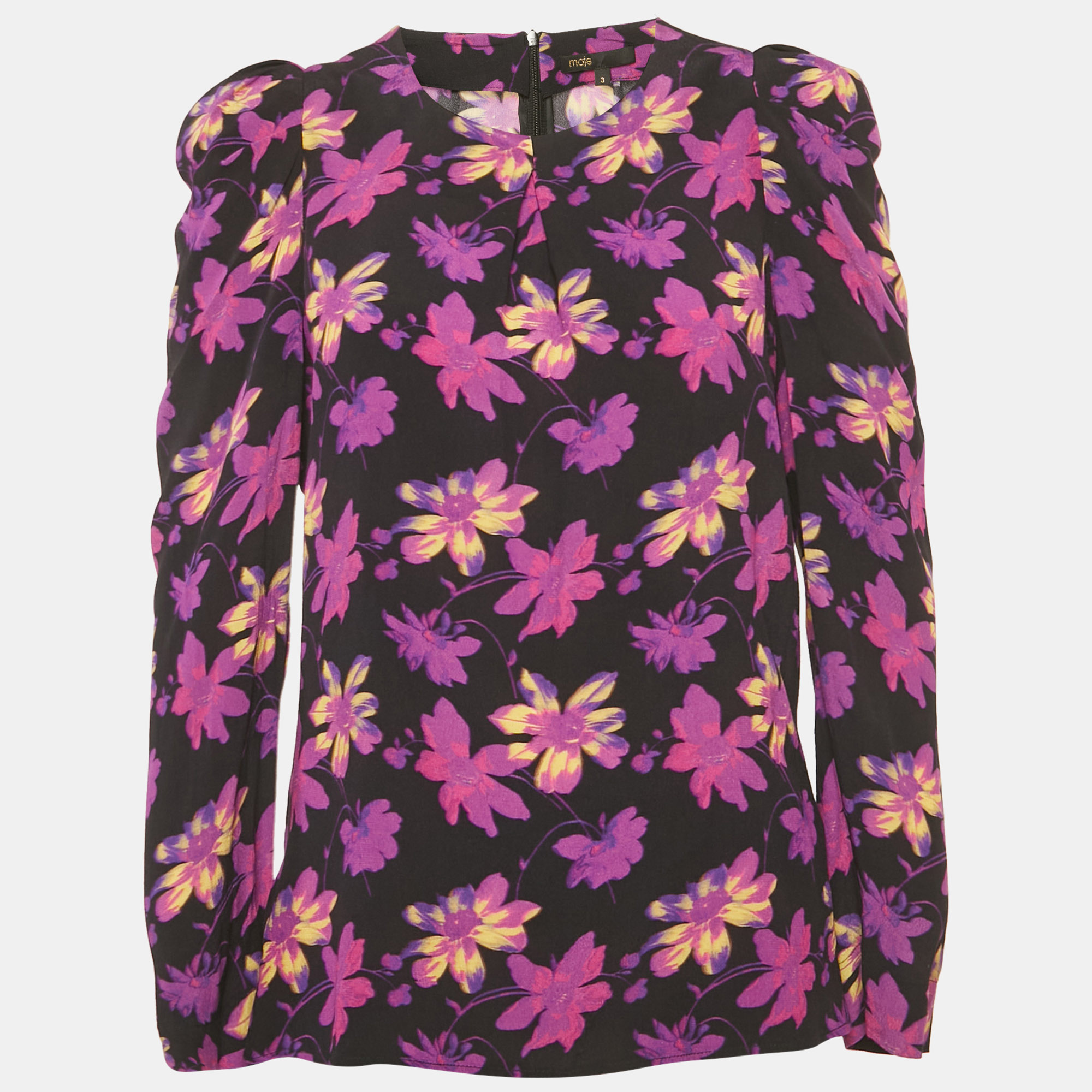 Maje Black Floral Print Crepe Puff Sleeve Blouse L