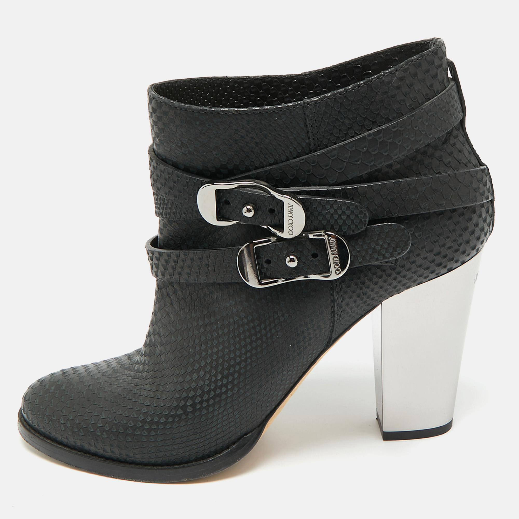 Jimmy Choo Marlin Size 40 Black Python Embossed Leather Ankle Length Boots