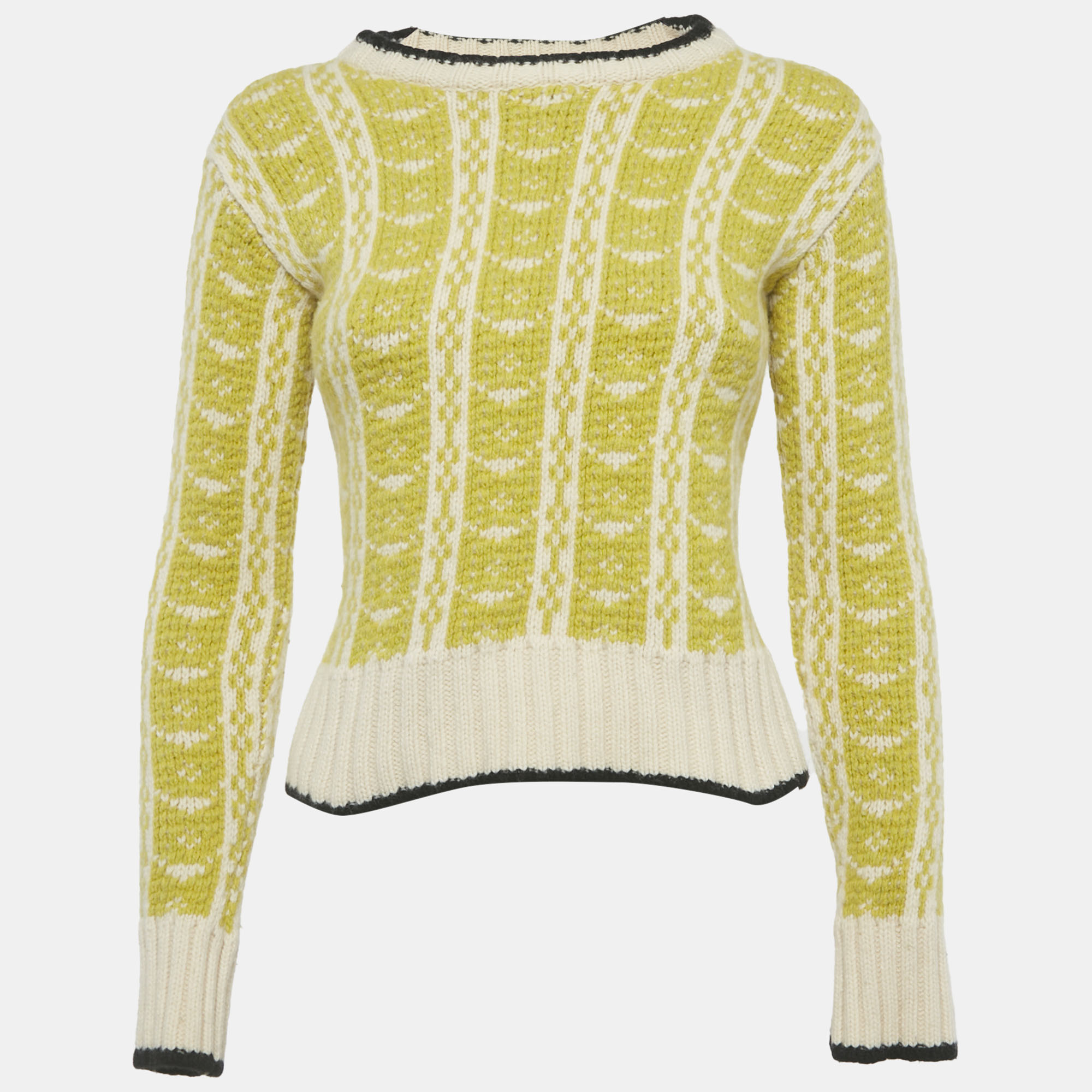 Marni Off White/Parrot Green Wool Knit Intarsia Sweaters S