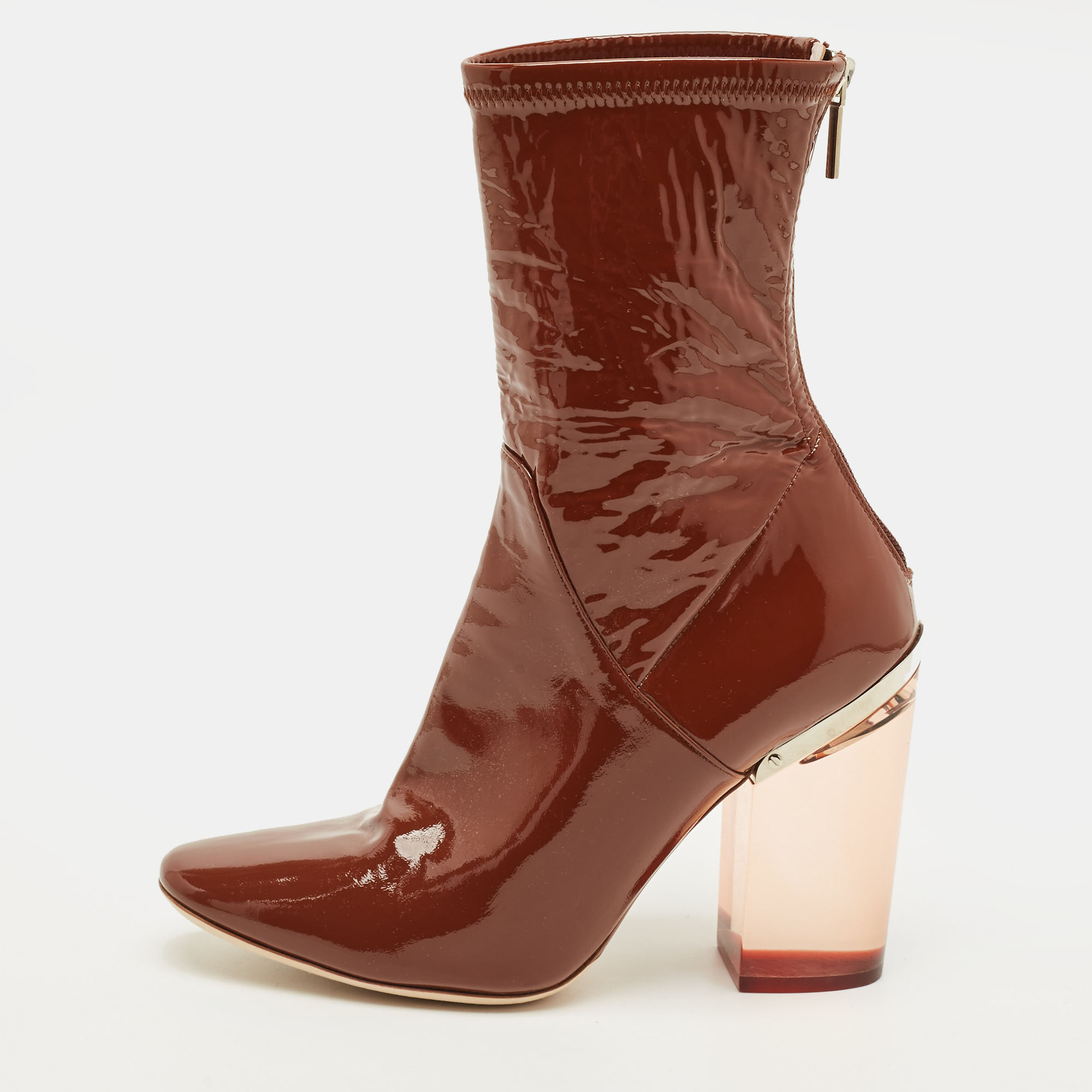 Dior Size 38.5 Brown Patent Leather Clear Heel Ankle Length Boots