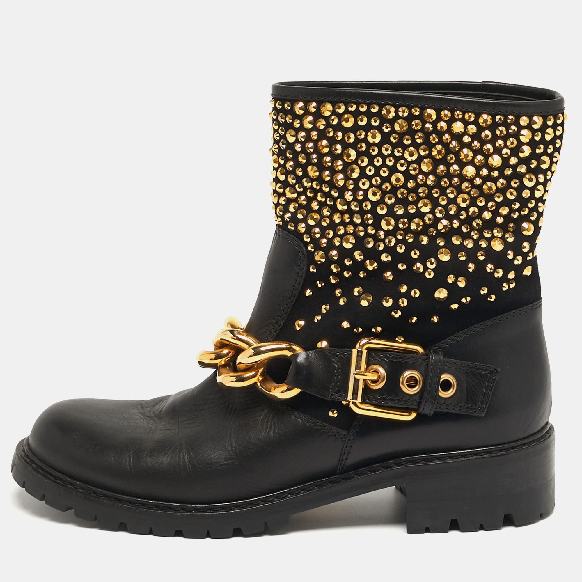 Giuseppe Zanotti Size 40 Black Leather Chain Detail Ankle Boots