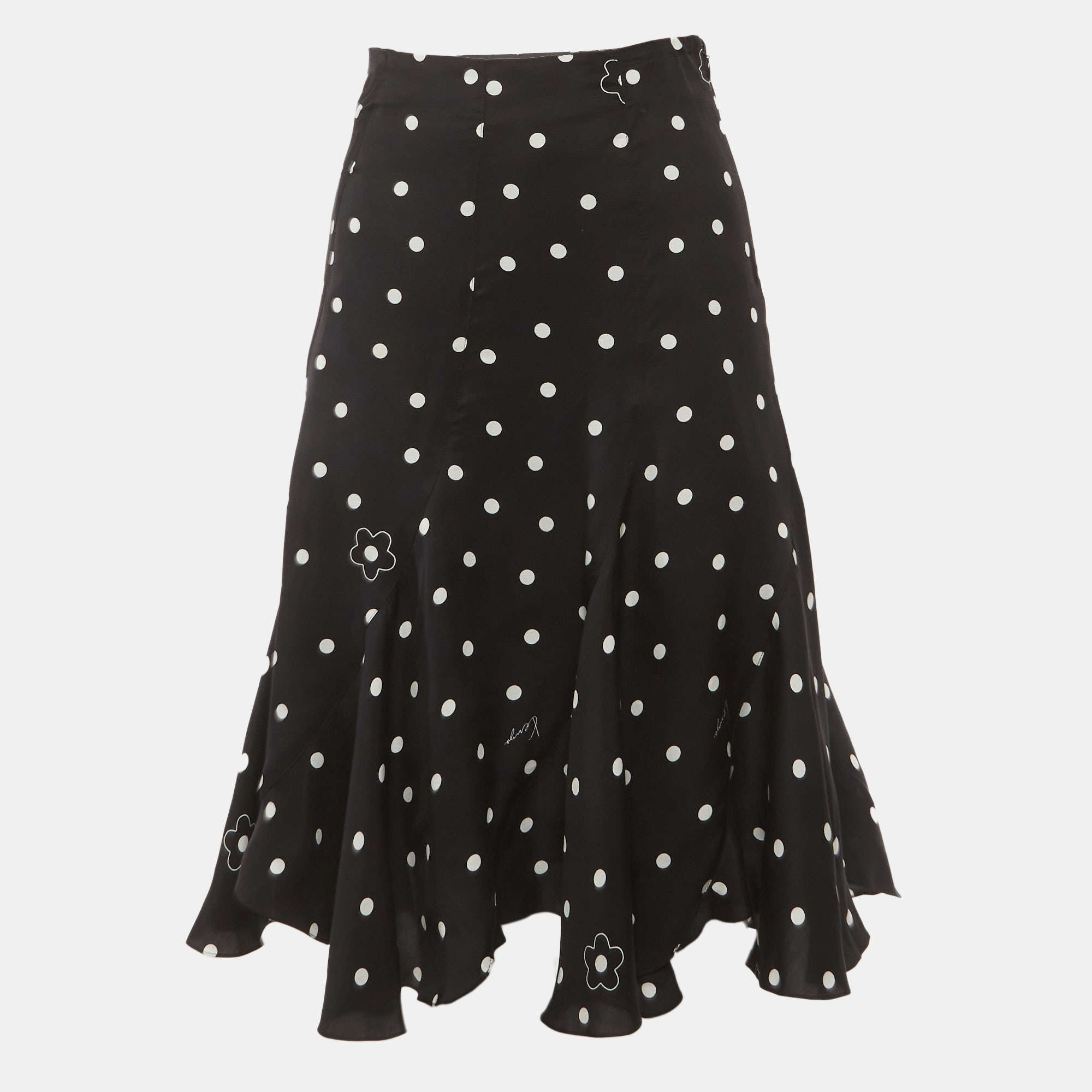 Kenzo Black Polka Dot Satin Flared Midi Skirt S