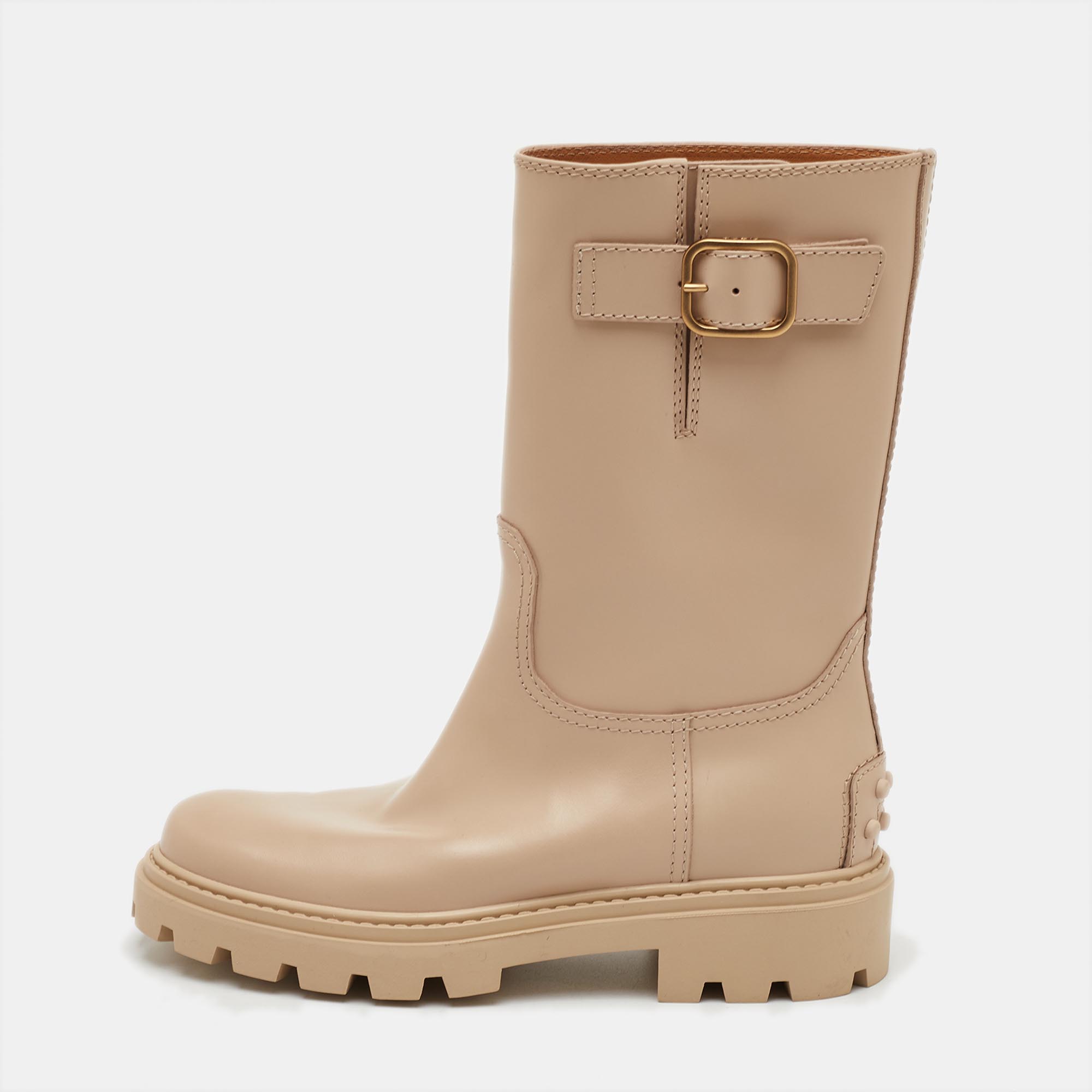 Tod's Size 36.5 Beige Smooth Leather Buckle Detail Mid Calf Boots