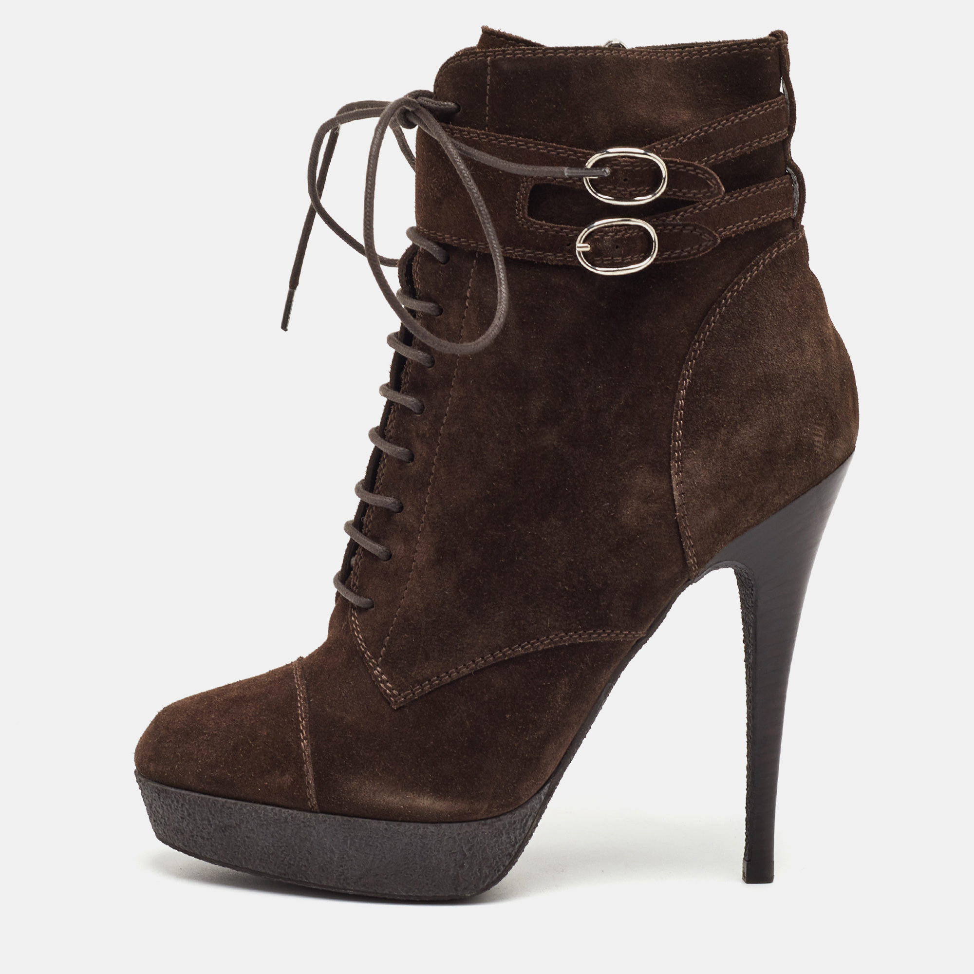 Yves Saint Laurent Size 36.5 Dark Brown Suede Lace Up Platform Ankle Length Boots