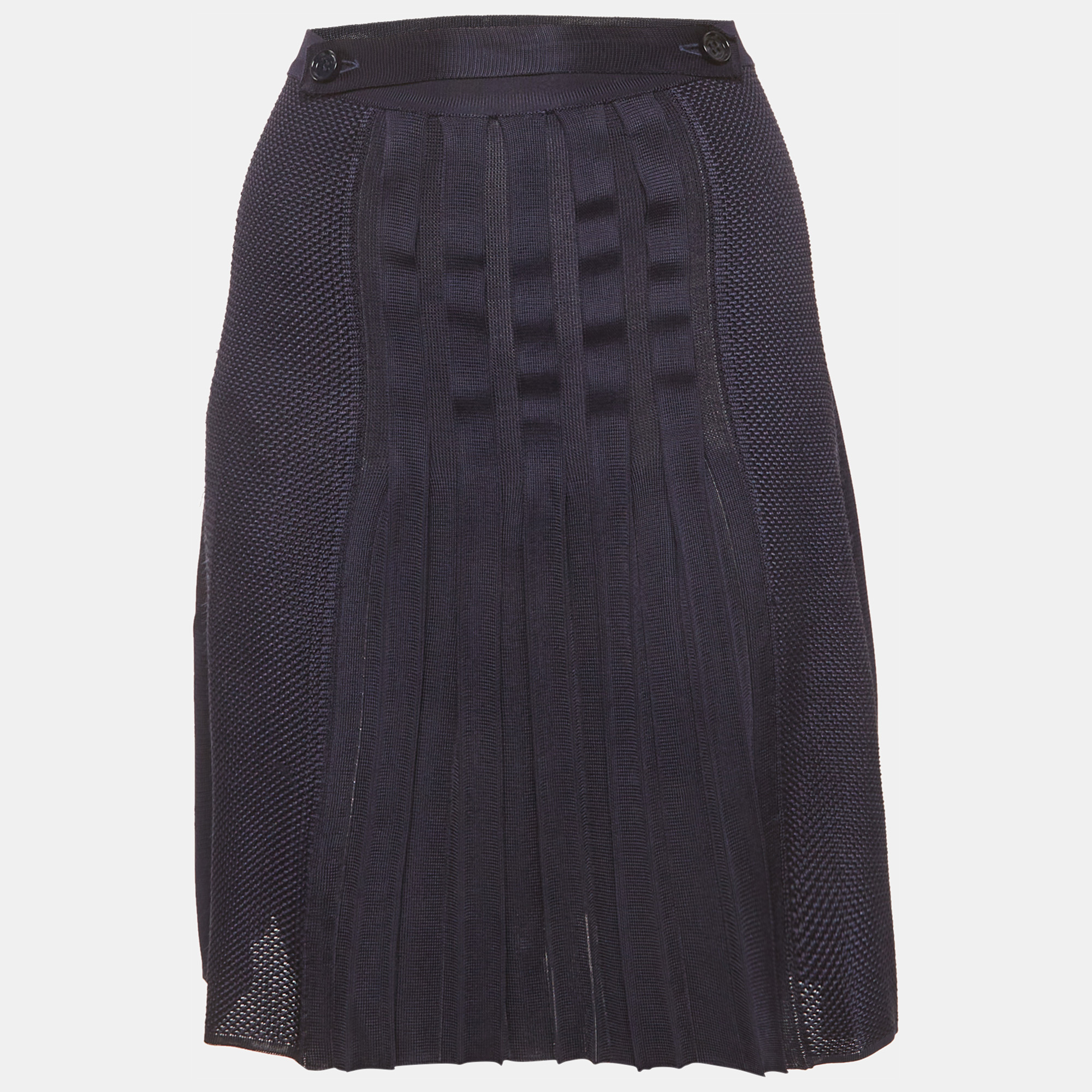 Salvatore Ferragamo Navy Blue Stretch Knit Pleated Mini Skirt M