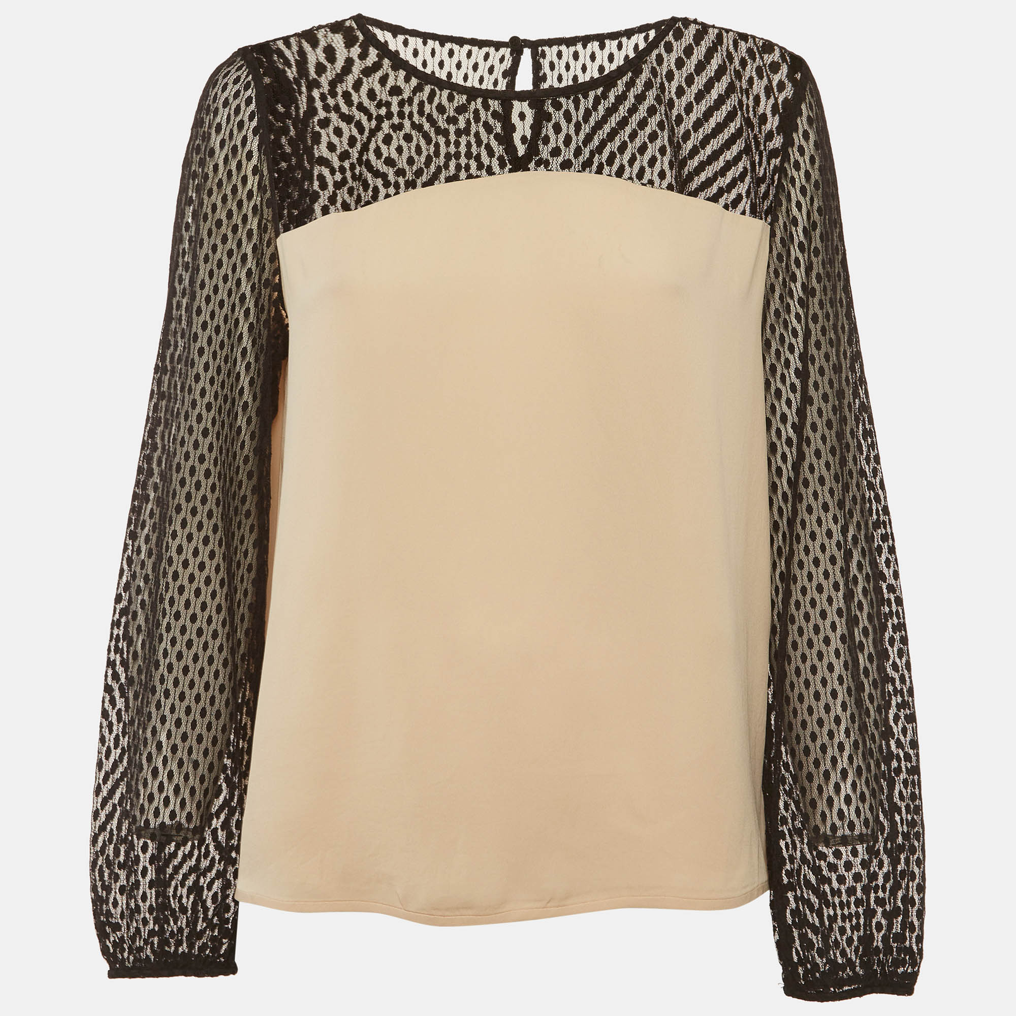 Diane Von Furstenberg Beige/ Black Silk Sheer Long Sleeve Blouse L
