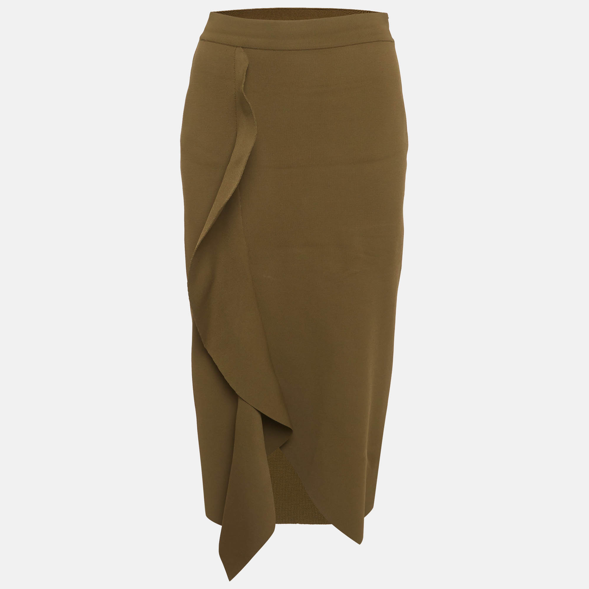 Alexander McQueen Green Stretch Knit Asymmetric Ruffle Midi Skirt M