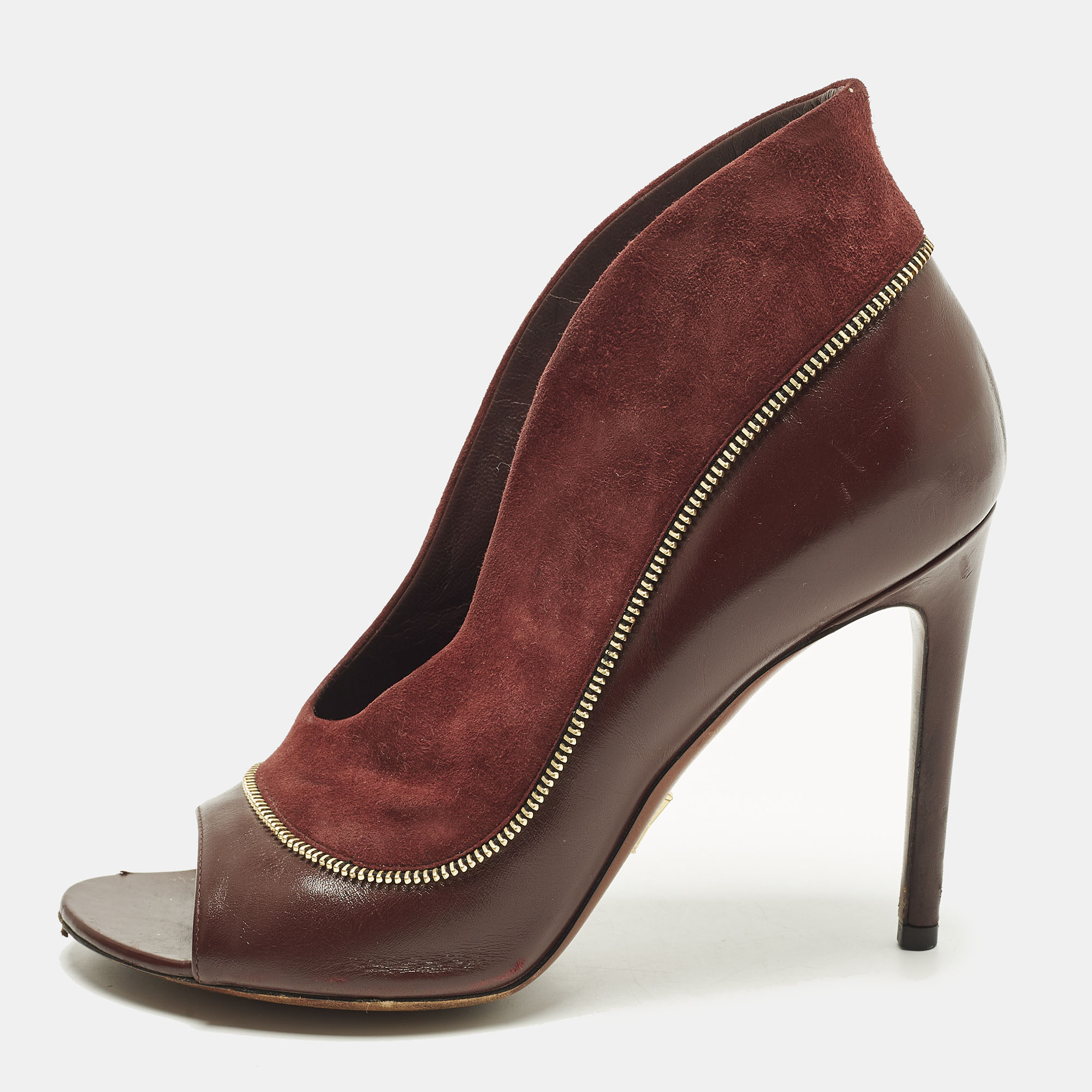 Louis Vuitton Size 38 Burgundy Leather and Suede Zip Detail Open Toe  Booties