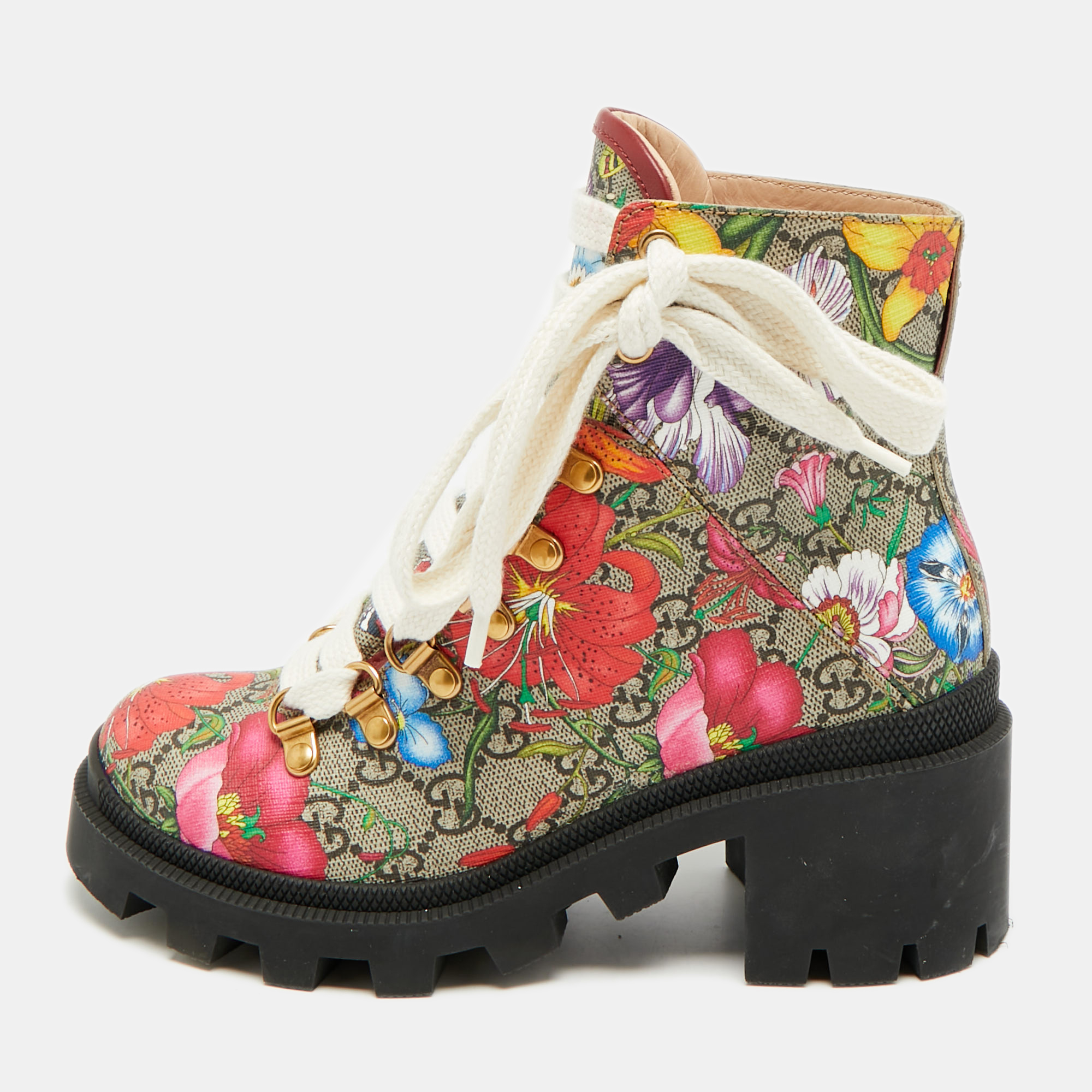 Gucci Size GG 35.5 Multicolor Floral Print Canvas Ankle Length Boots