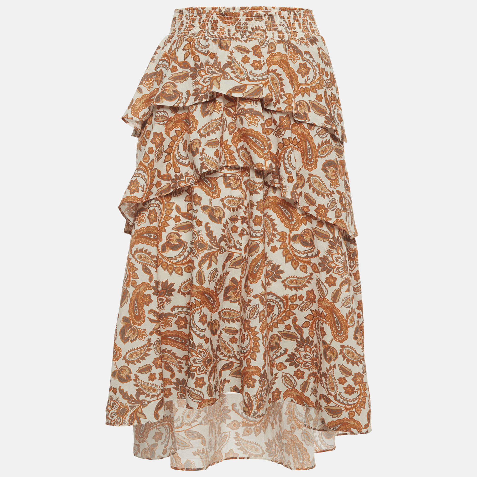 Maje Off-White/Orange Paisley Print Cotton Asymmetrical Midi Skirt S