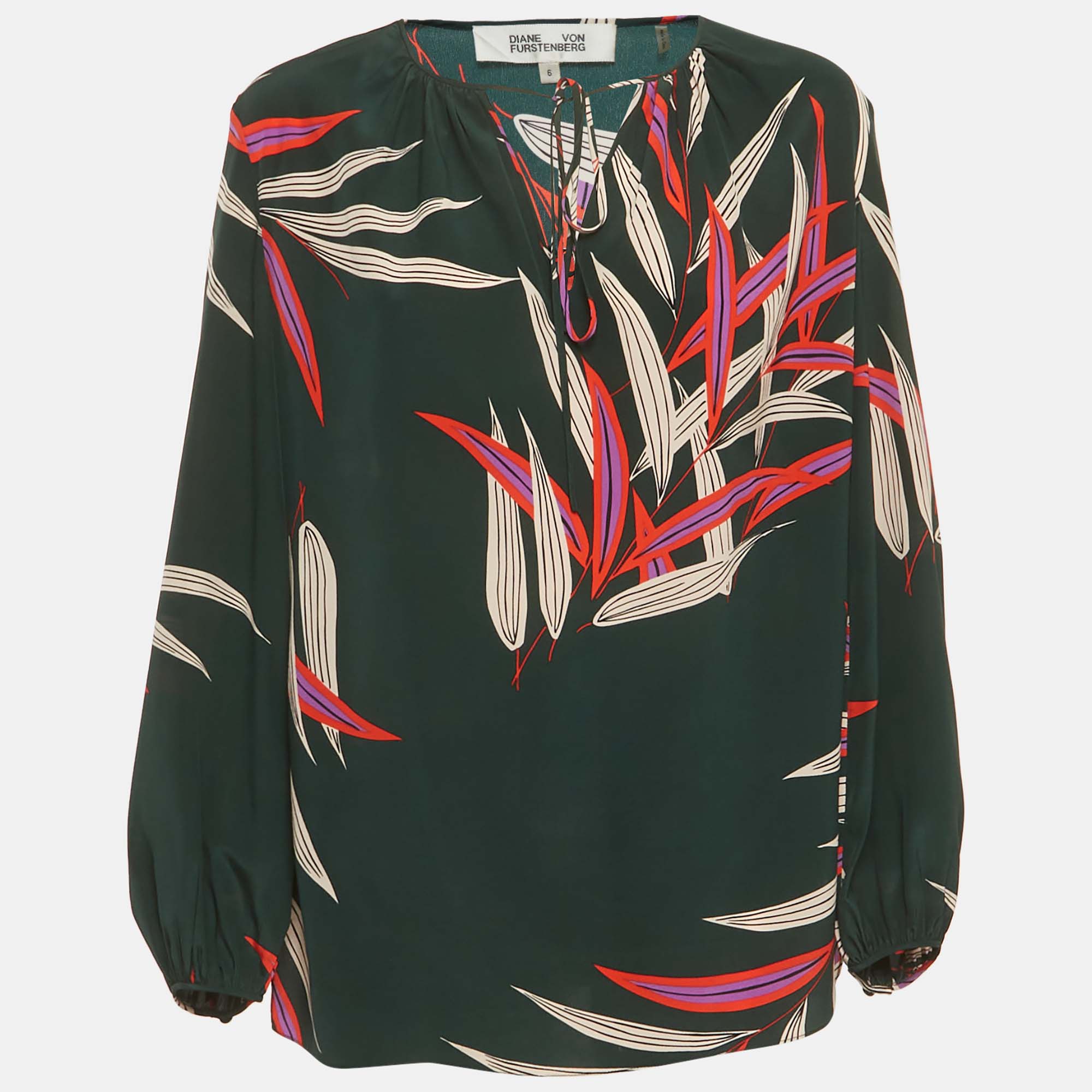 Diane Von Furstenberg Green Printed Silk Blouse M