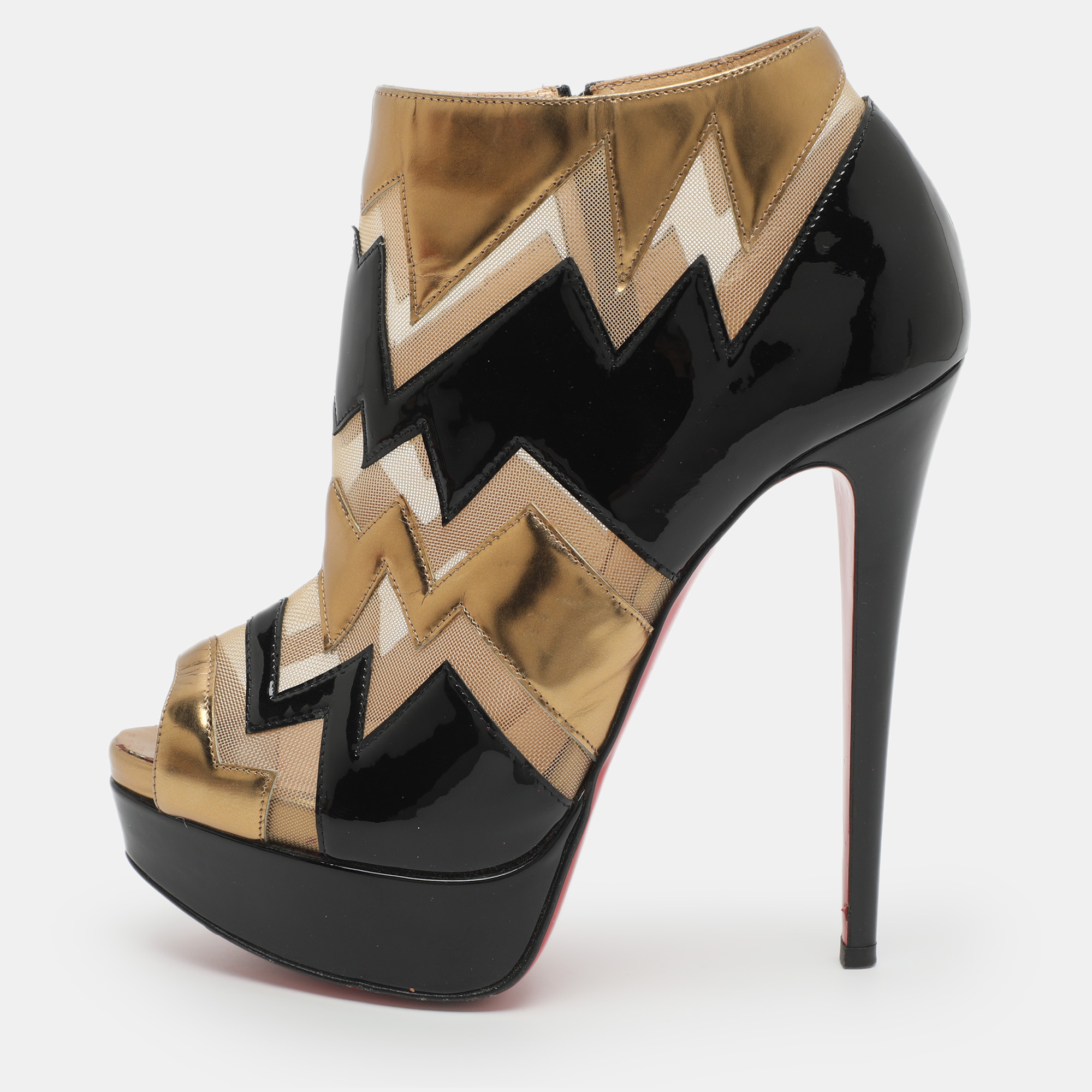 Christian Louboutin Ziggy Size 36 Beige Mesh and Patent Leather Booties
