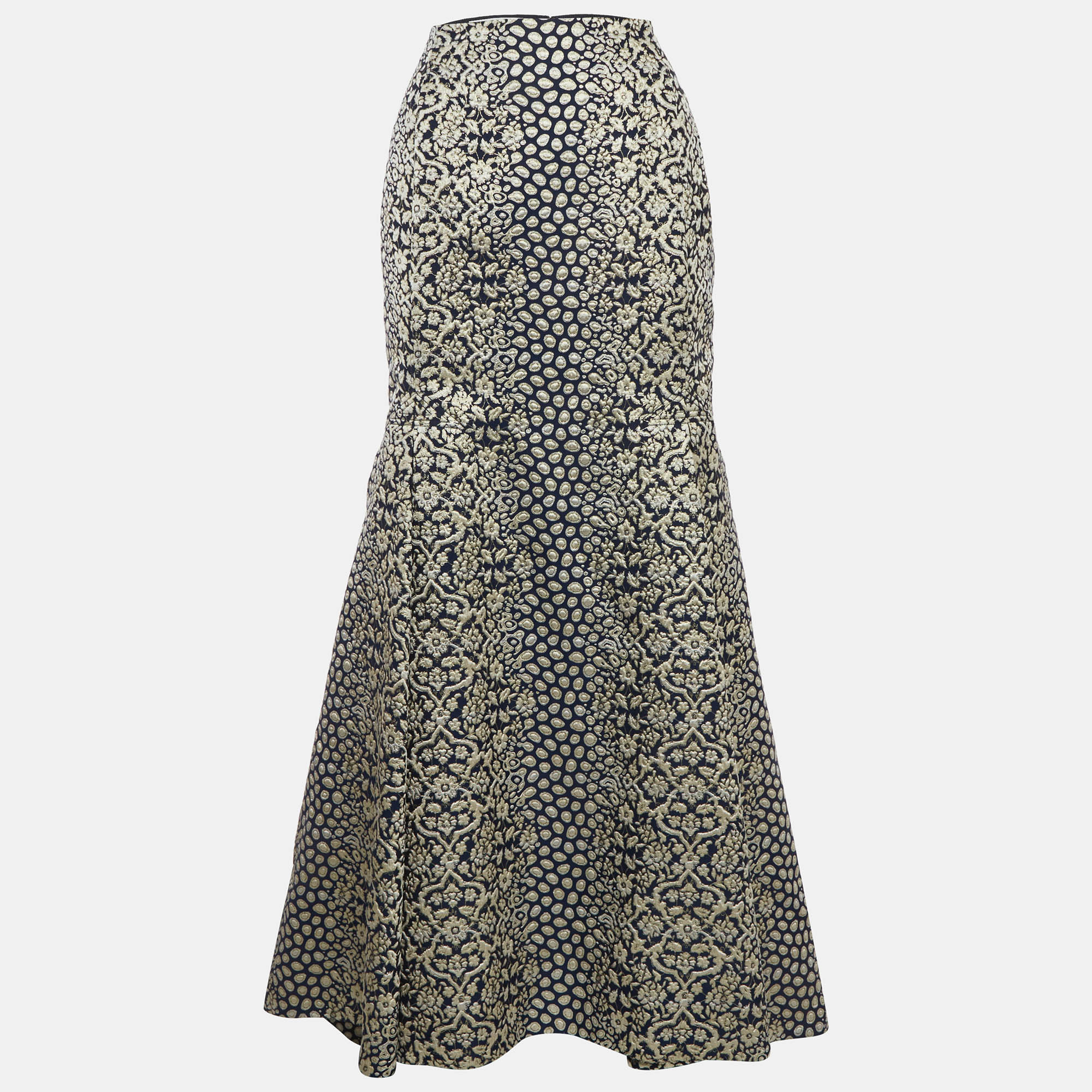 CH Carolina Herrera Navy Blue Jacquard Maxi Skirt M
