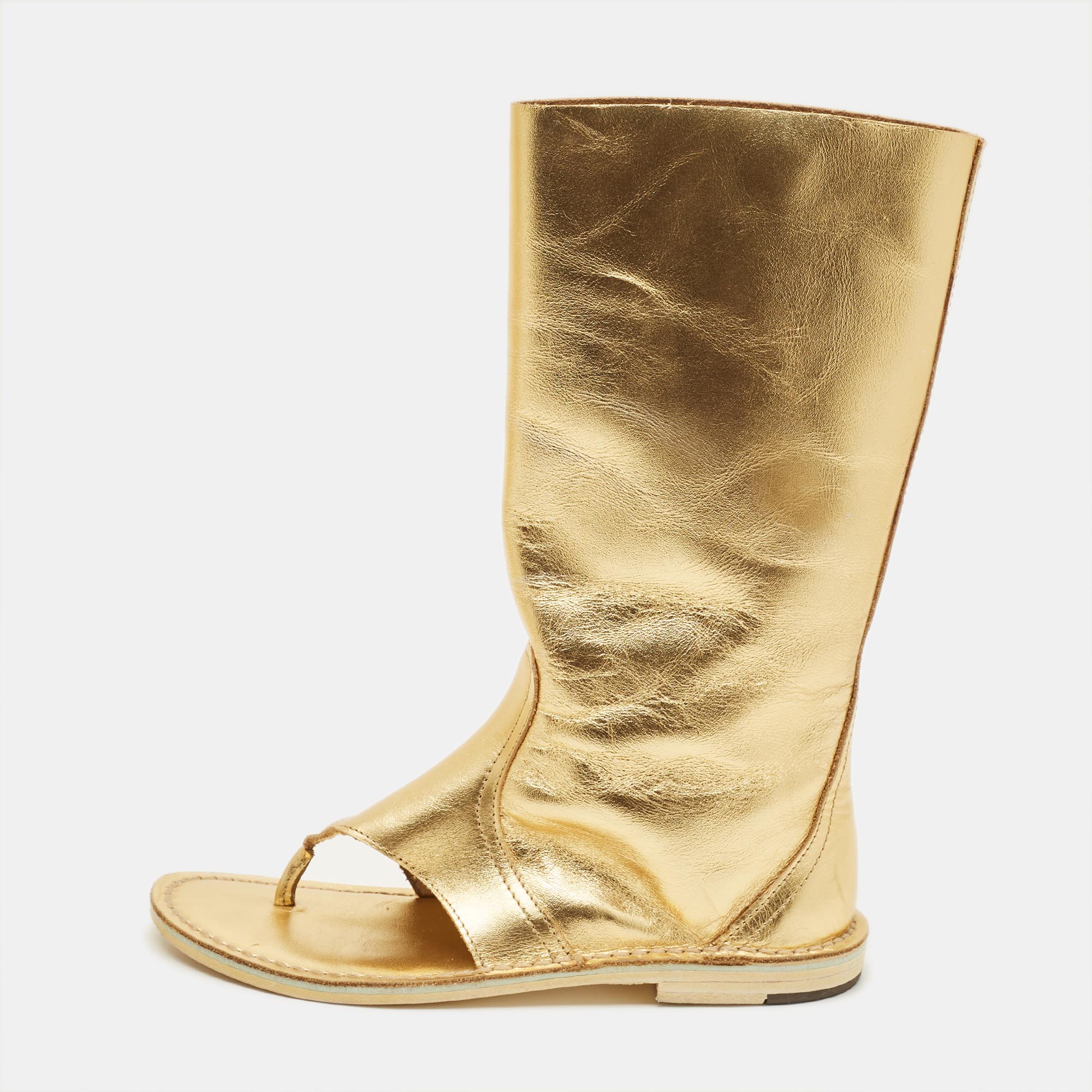 PIERRE HARDY Size 36 Gold Leather Cut Out Thong Ankle Length Boots