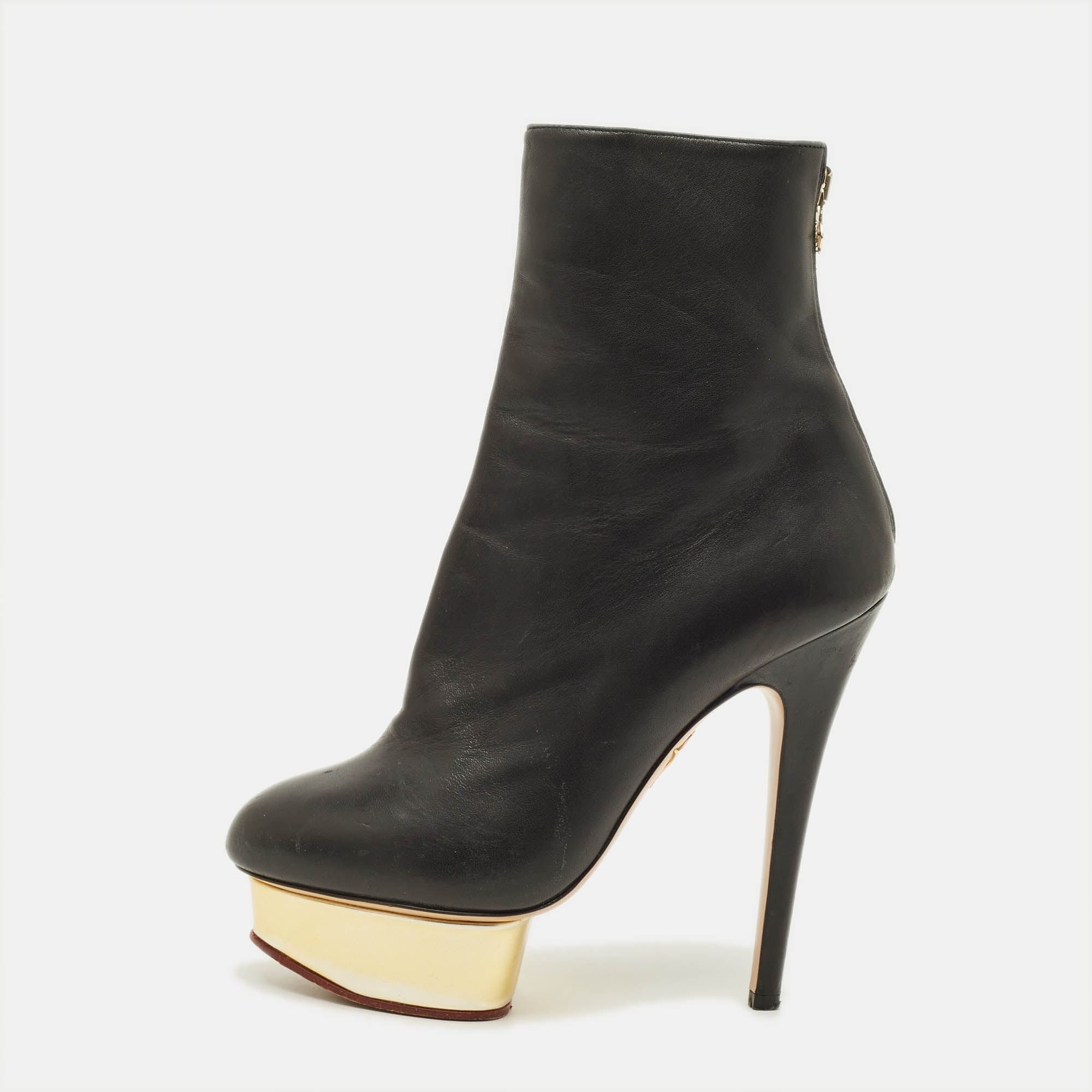 Charlotte Olympia Lucinda Size 37.5 Black Leather Ankle Length Boots