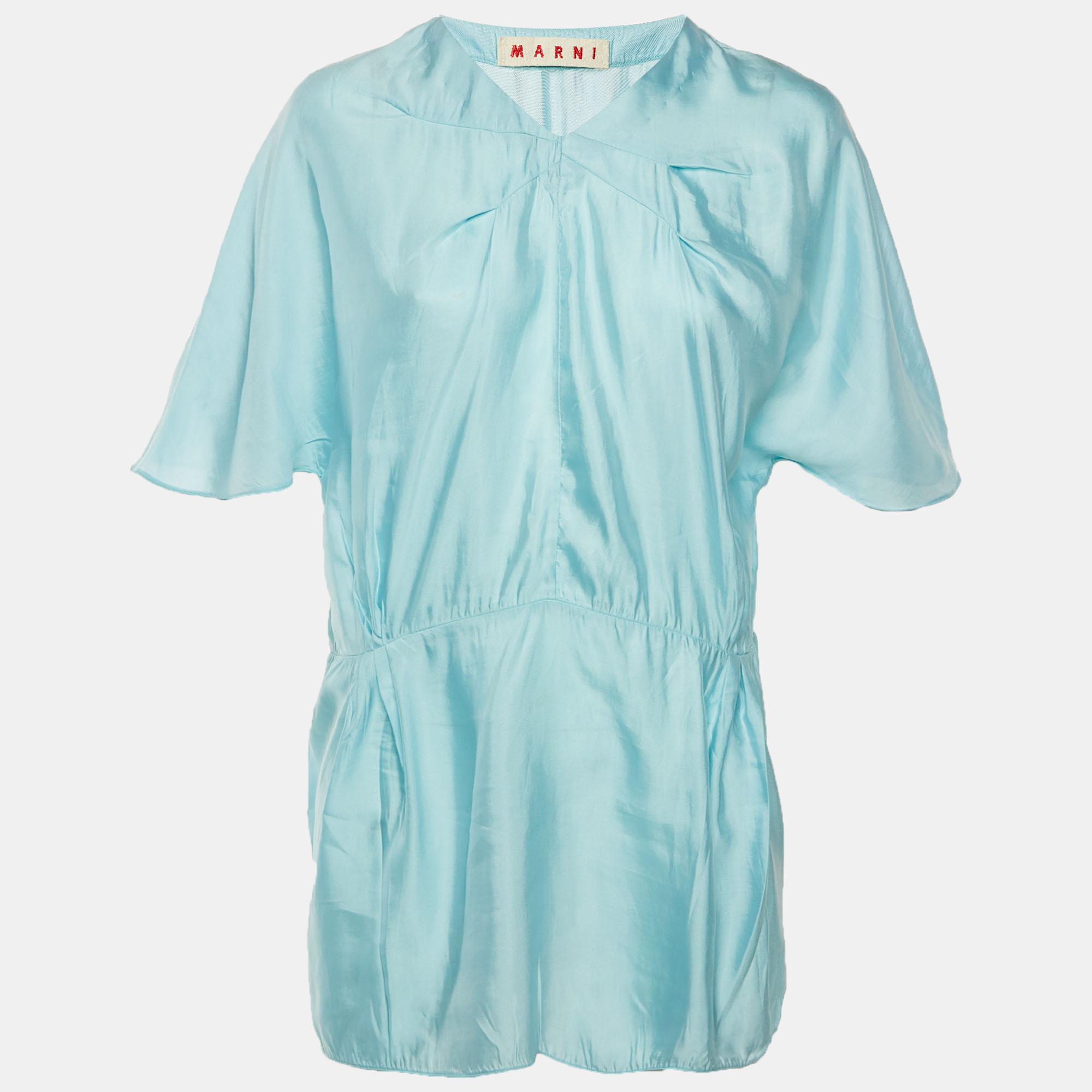 Marni Blue Sateen V-Neck Tunic Blouse L