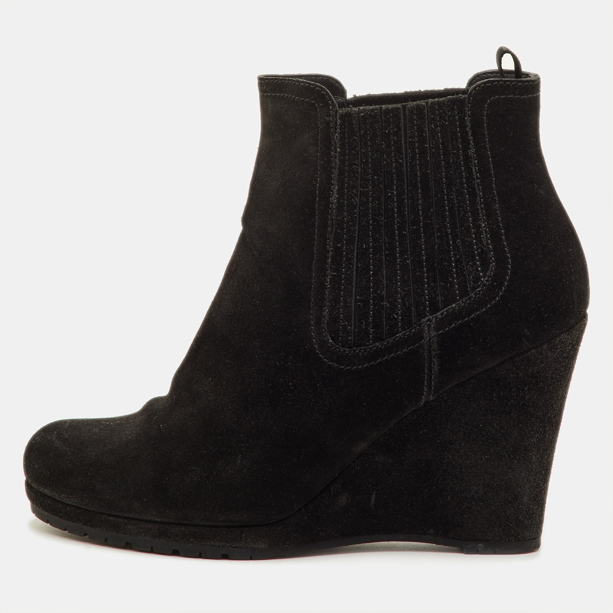Prada Size 39 Black Suede Wedge Ankle Length Boots