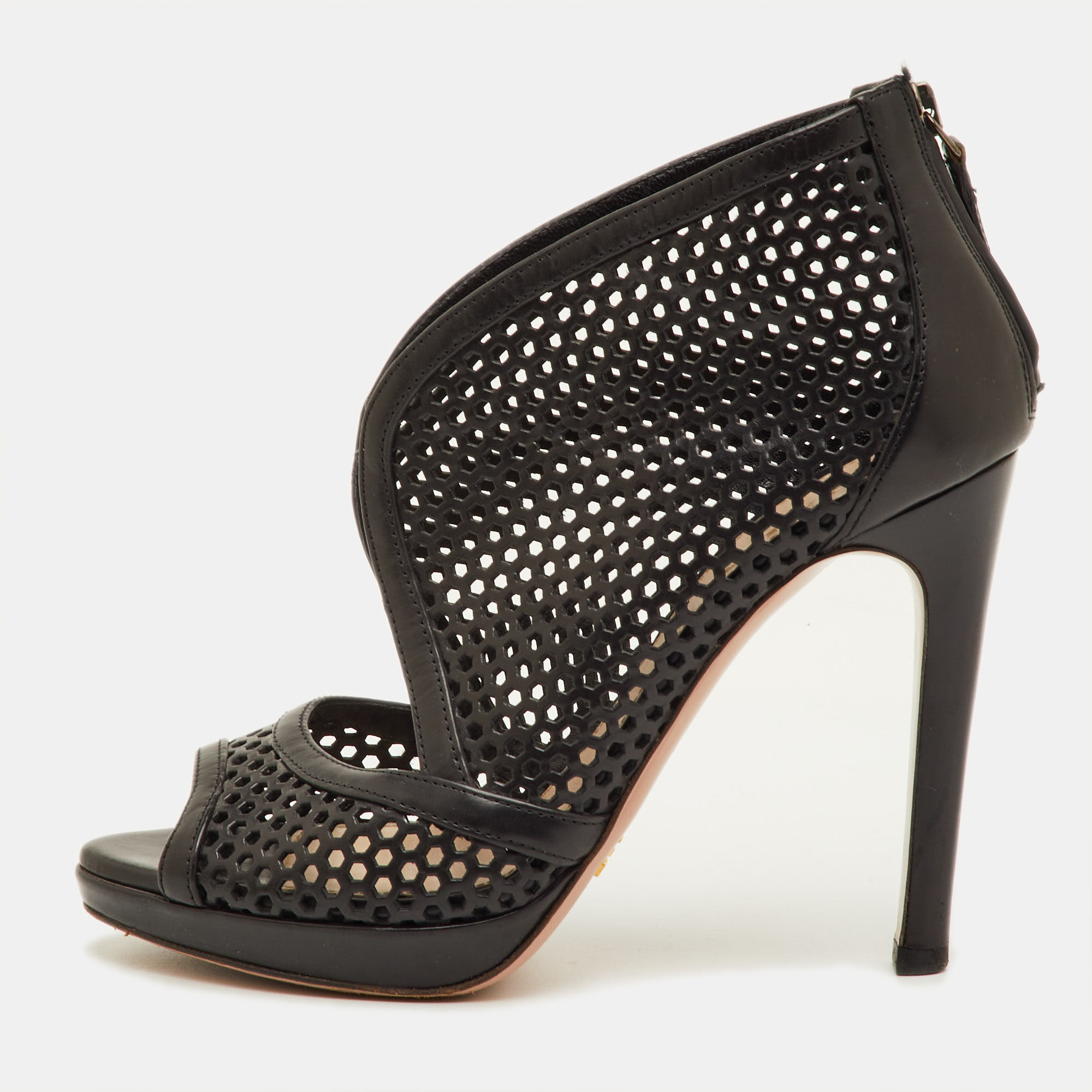 Prada Size 37 Black Perforated Leather Open Toe Ankle Booties